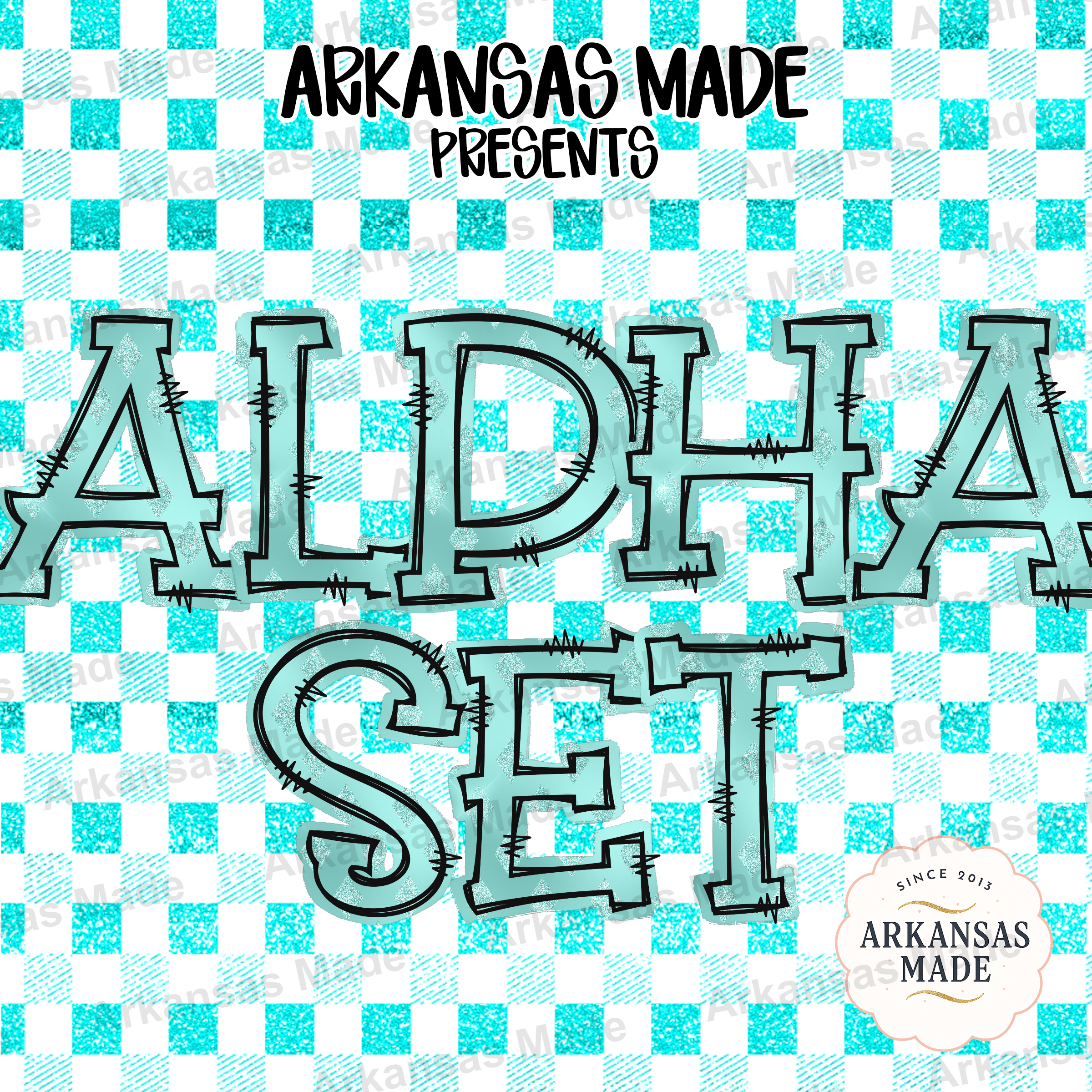 Glitter Teal Stitch Alpha Set PNG, Distressed Outline Alphabet Digital Download, Crafty DIY Font Letters for Sublimation & Print