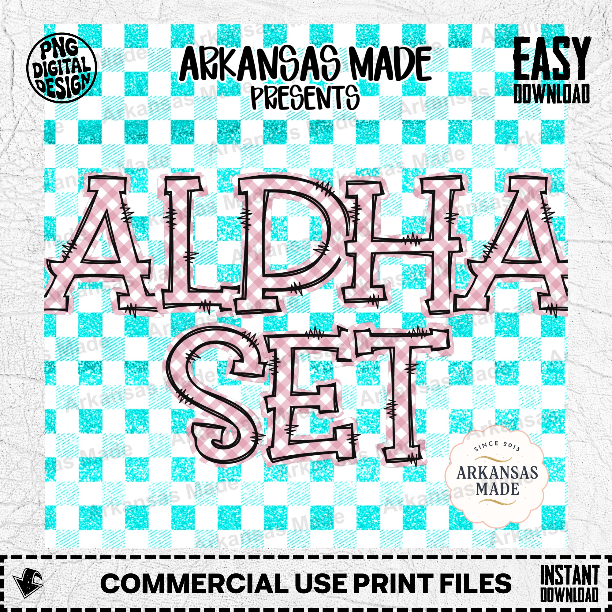 Pink Gingham Alpha Set PNG, Stitched Distressed Letters Digital Download for Sublimation Crafters, Farmhouse Alphabet Graphics - Image 2