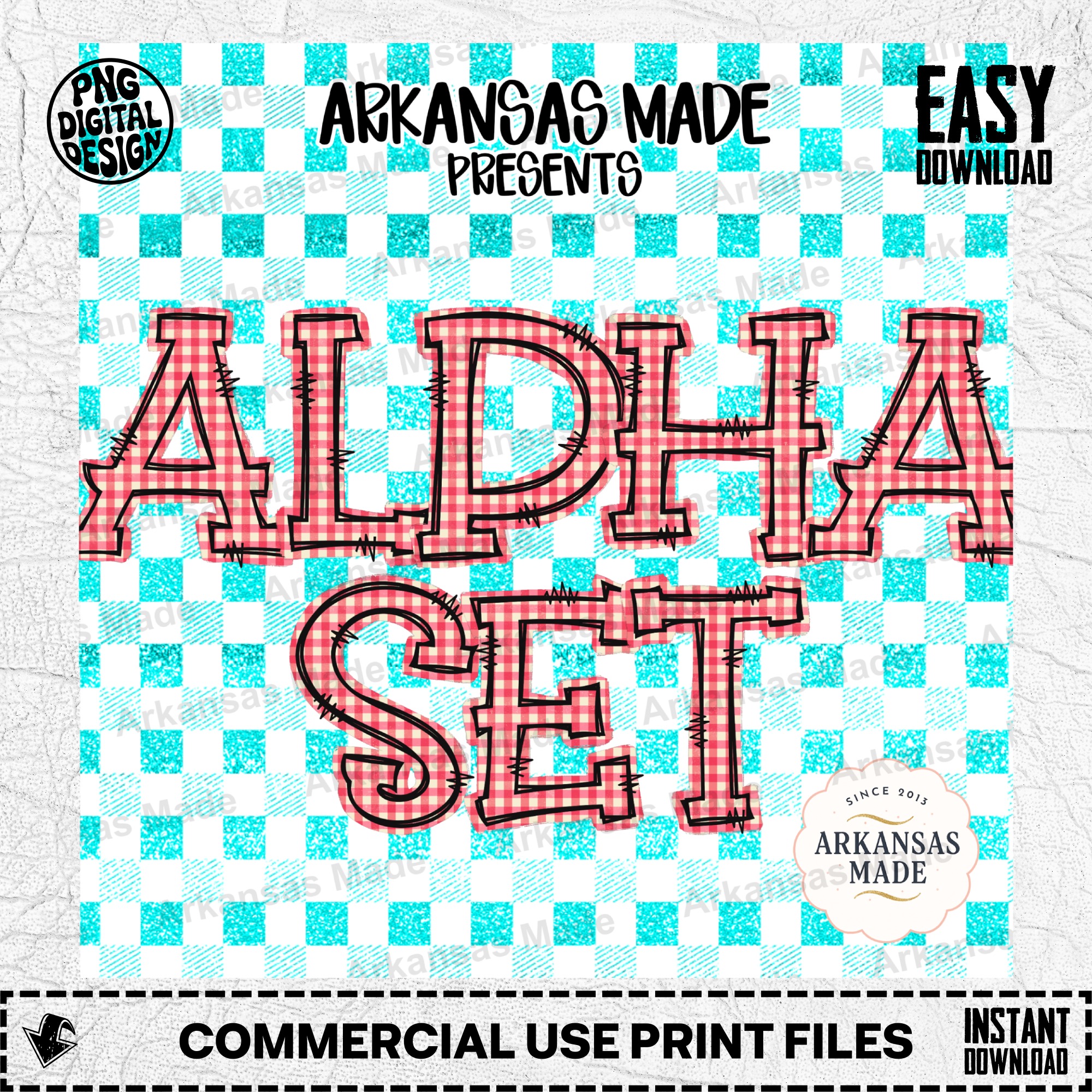 Red Gingham Alphabet Digital Download PNG, Farmhouse Plaid Font Letters, Stitched Outline Alpha Set, Rustic Craft Design Resource, Instant - Image 2