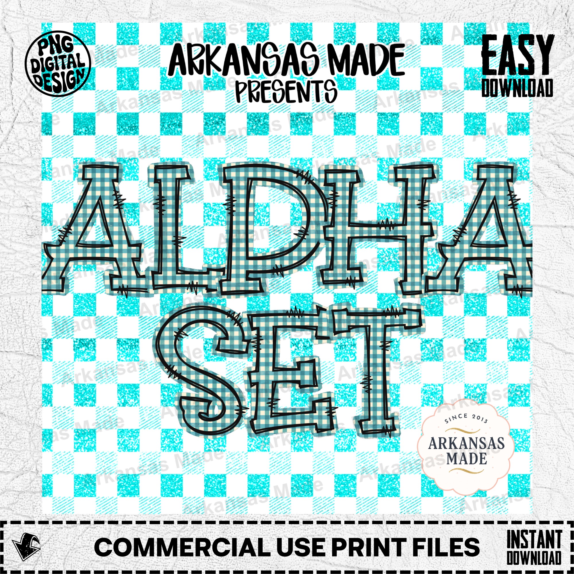 Teal Gingham Digital Alpha Set PNG, Distressed Plaid Alphabet Download, Rustic Farmhouse Letters for Sublimation, DIY & Crafts - Image 2
