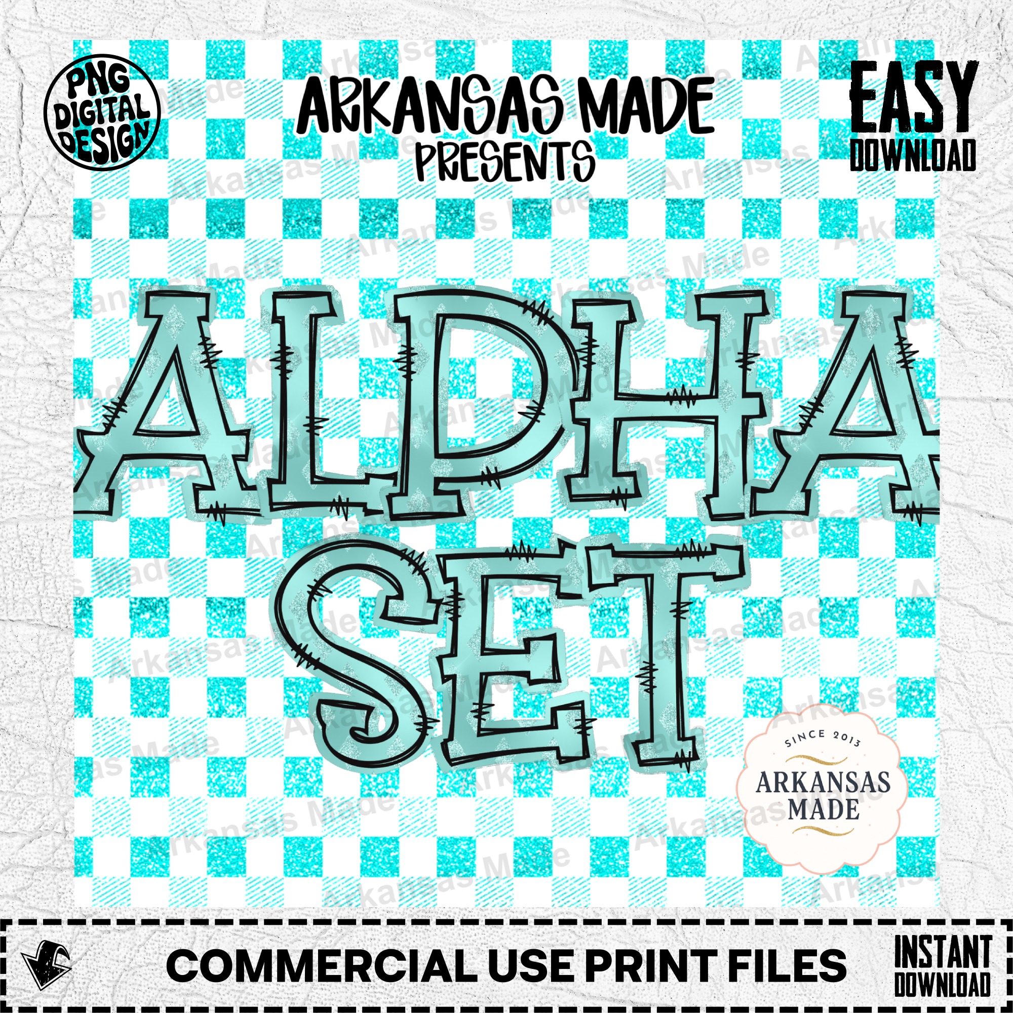 Glitter Teal Stitch Alpha Set PNG, Distressed Outline Alphabet Digital Download, Crafty DIY Font Letters for Sublimation & Print - Image 2