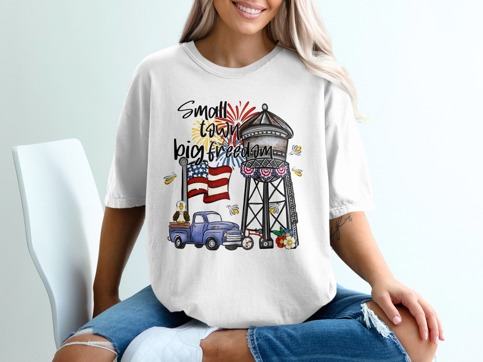 Small Town Big Freedom PNG Digital Design, Patriotic Sublimation File, 4th of July Rustic Americana Vintage Truck Water Tower Clipart