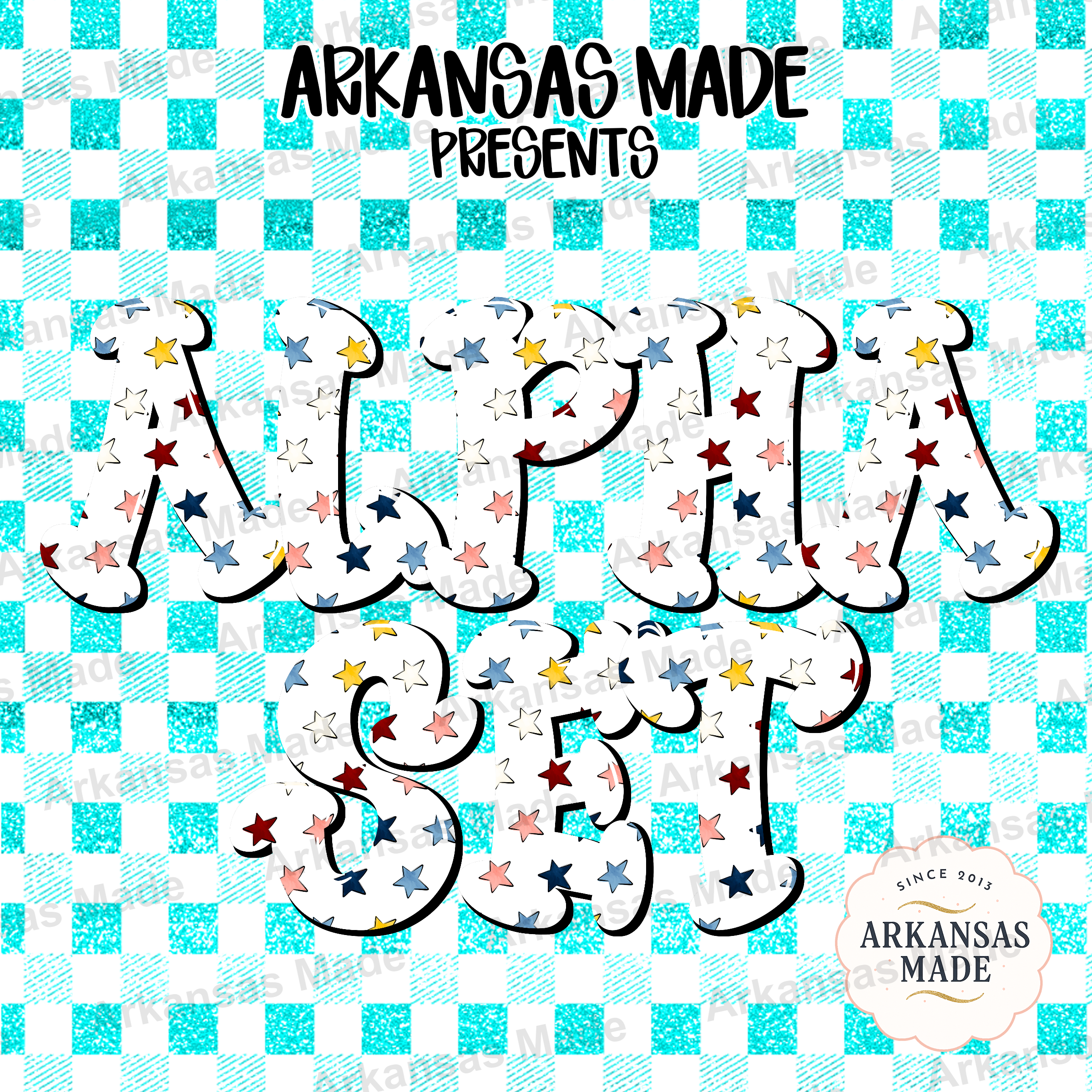 Patriotic Stars Alpha Set PNG, Americana Digital Download Letters, Red Blue Yellow Star Alphabet for 4th of July Crafts