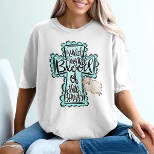 Saved by the Blood of the Lamb T-Shirt, Christian Easter Faith Shirt, Religious Cross Tee, Jesus Scripture Apparel, Cute Lamb Gift for Her