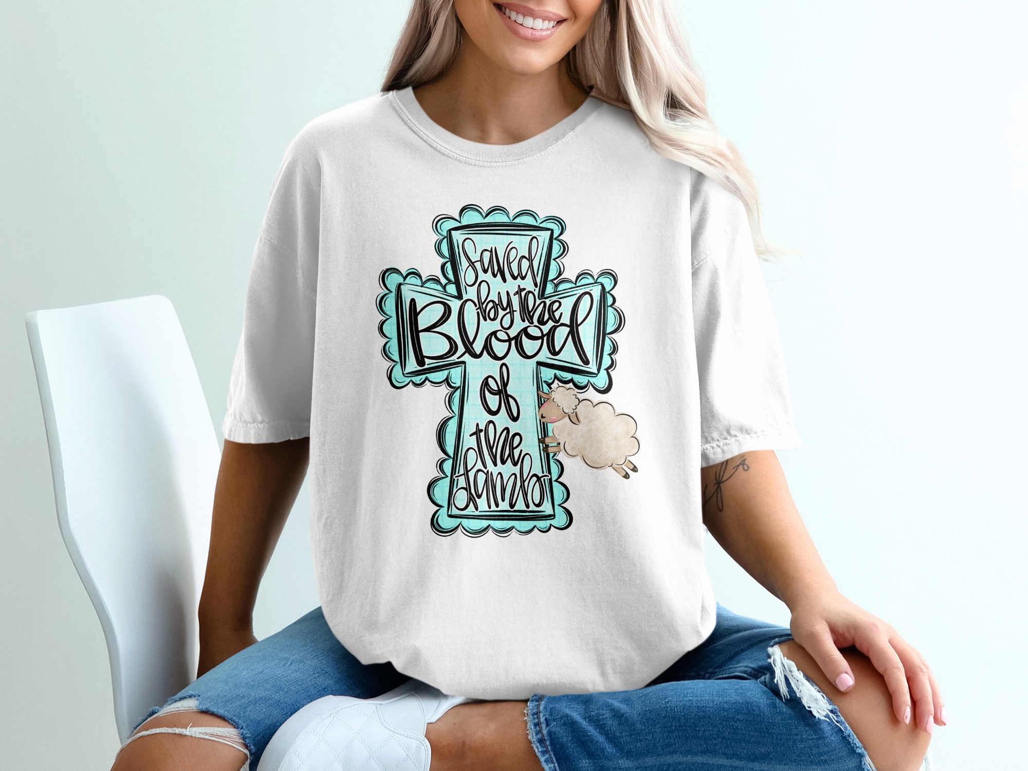 Saved by the Blood of the Lamb T-Shirt, Christian Easter Faith Shirt, Religious Cross Tee, Jesus Scripture Apparel, Cute Lamb Gift for Her
