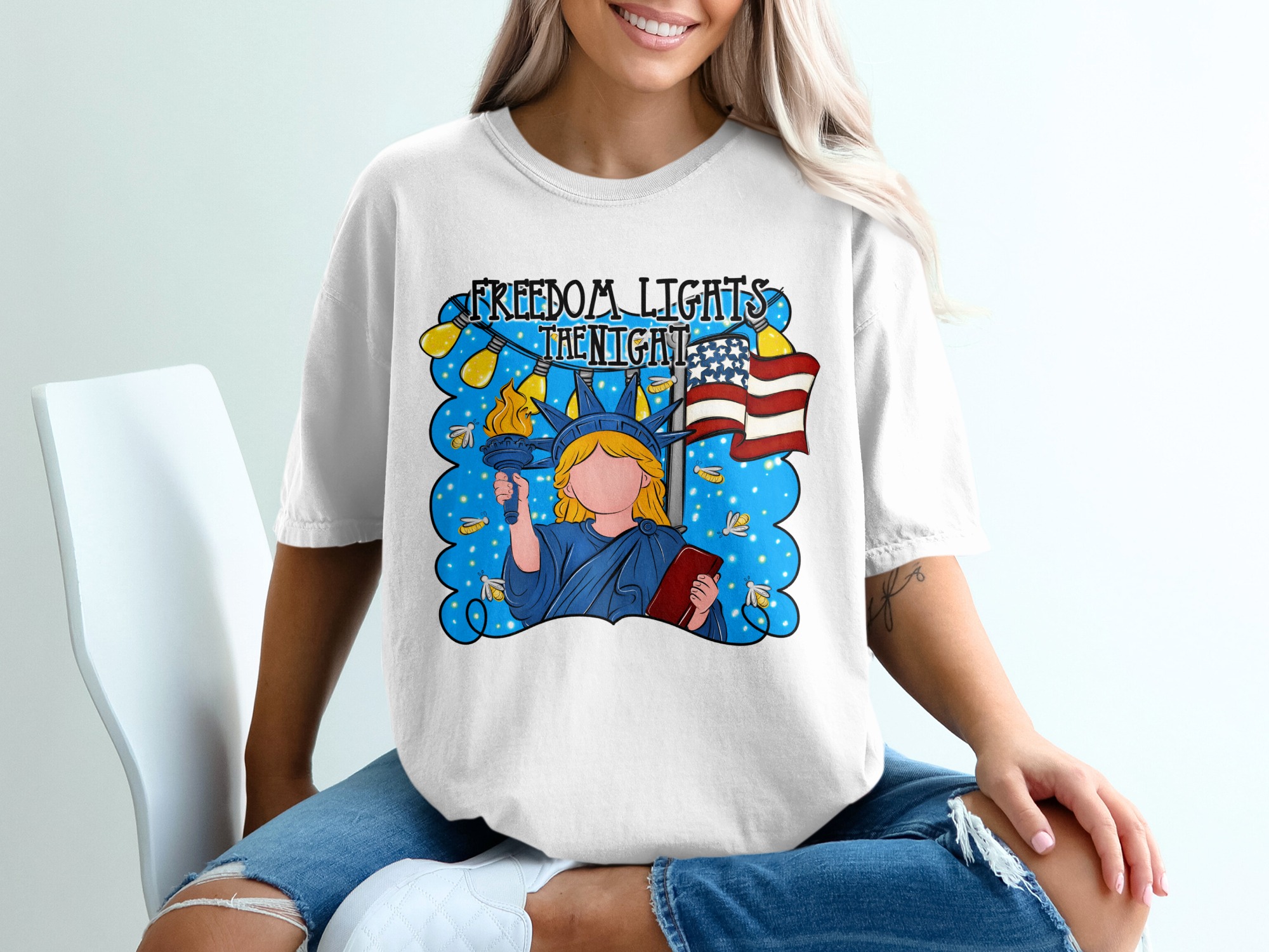 Freedom Lights The Night T-Shirt | Patriotic 4th of July Tee | Independence Day Celebration Top | Statue of Liberty USA Flag Shirt