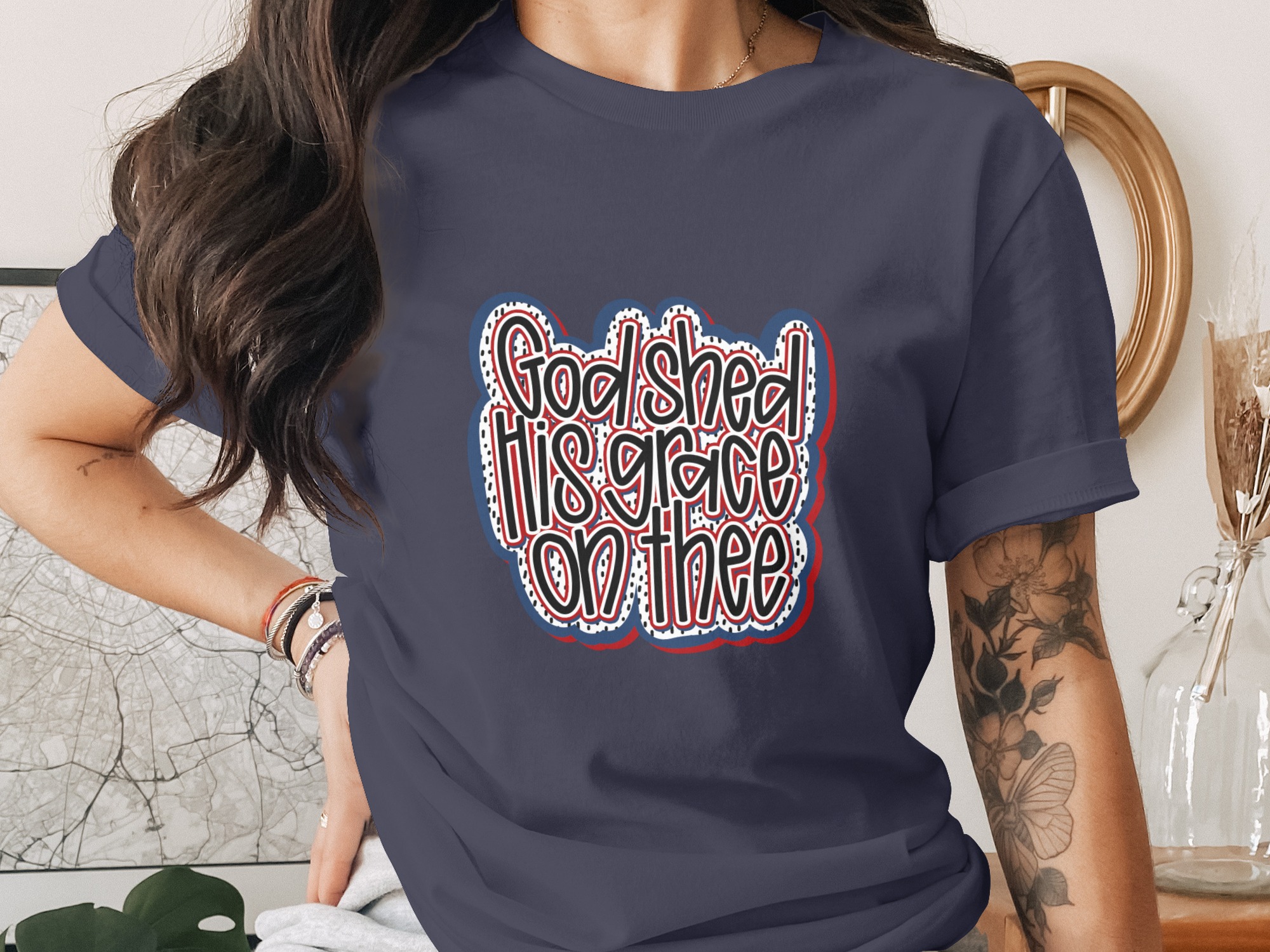 Patriotic Christian T-Shirt | God Shed His Grace On Thee Tee | Faith Based American Flag Shirt | 4th of July USA Graphic T-Shirt Gift - Image 3