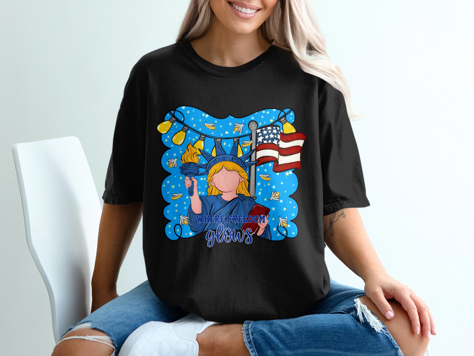 Patriotic T-Shirt | Fourth of July Freedom Glows Tee | Americana Statue of Liberty Shirt | Independence Day USA Gift - Image 2