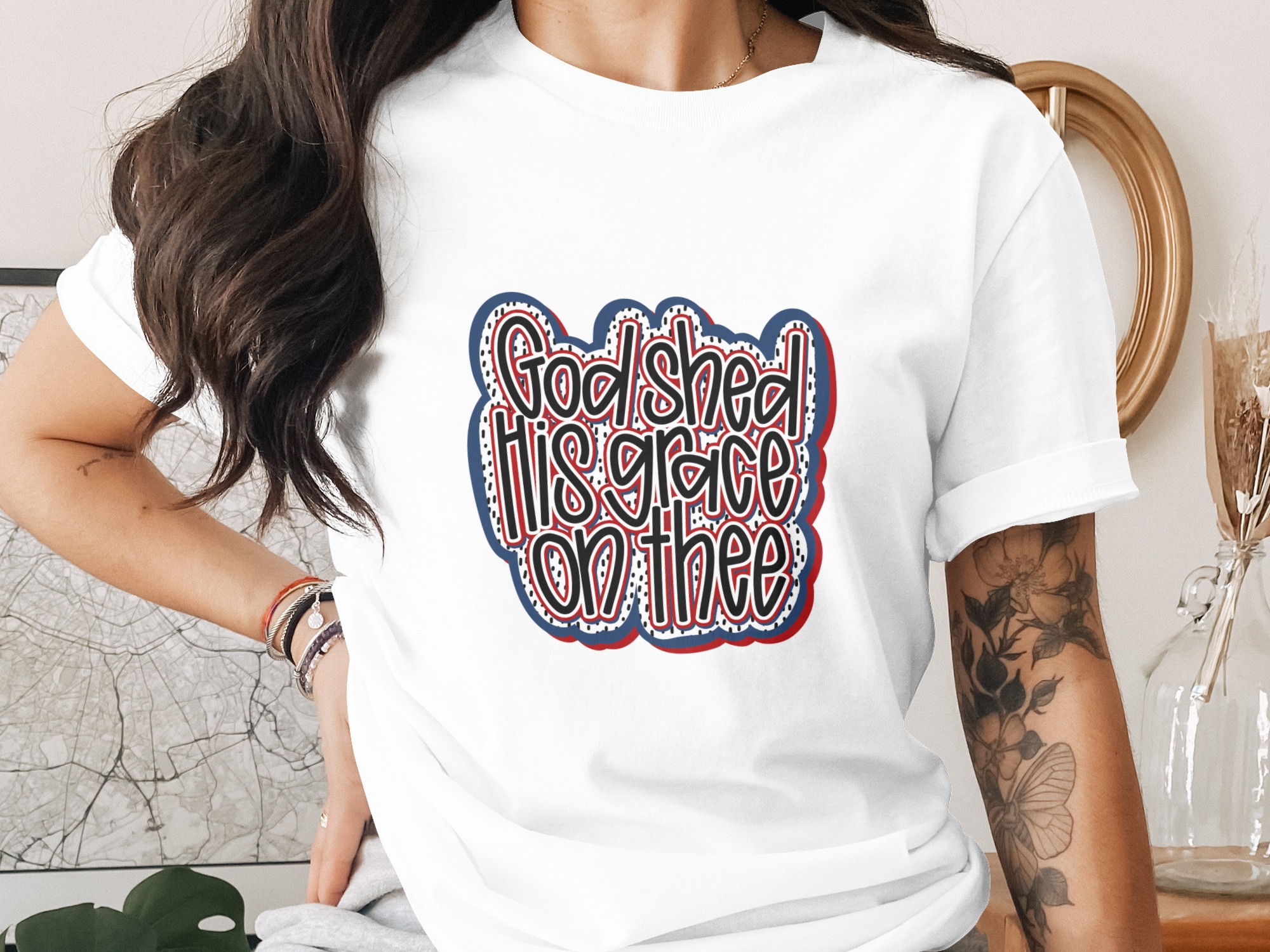 Patriotic Christian T-Shirt | God Shed His Grace On Thee Tee | Faith Based American Flag Shirt | 4th of July USA Graphic T-Shirt Gift