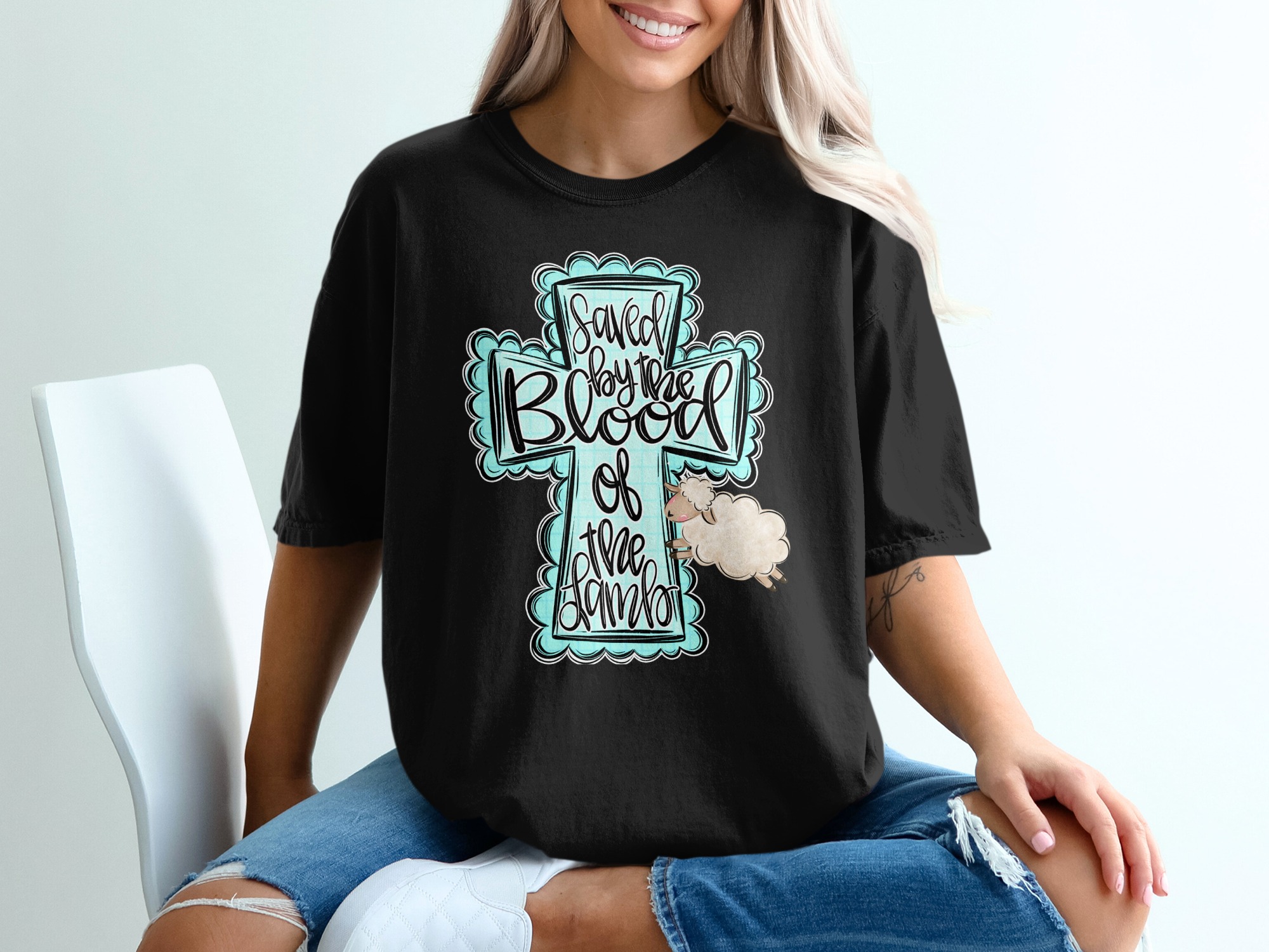 Saved by the Blood of the Lamb T-Shirt, Christian Easter Faith Shirt, Religious Cross Tee, Jesus Scripture Apparel, Cute Lamb Gift for Her - Image 2