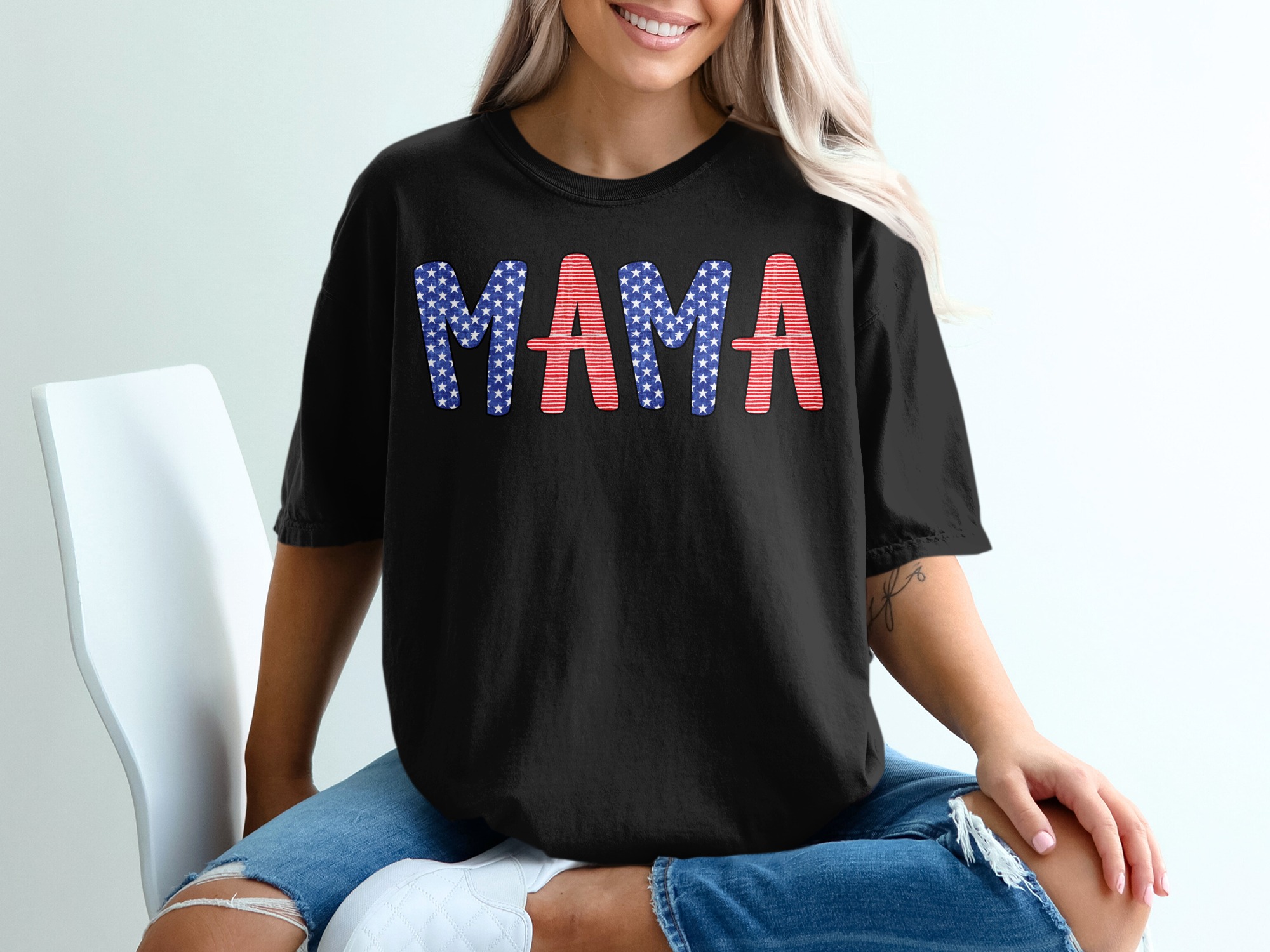 Patriotic Mama T-Shirt, USA Flag Mom Shirt, Fourth of July Tee, Stars and Stripes American Apparel Gift for Her - Image 2