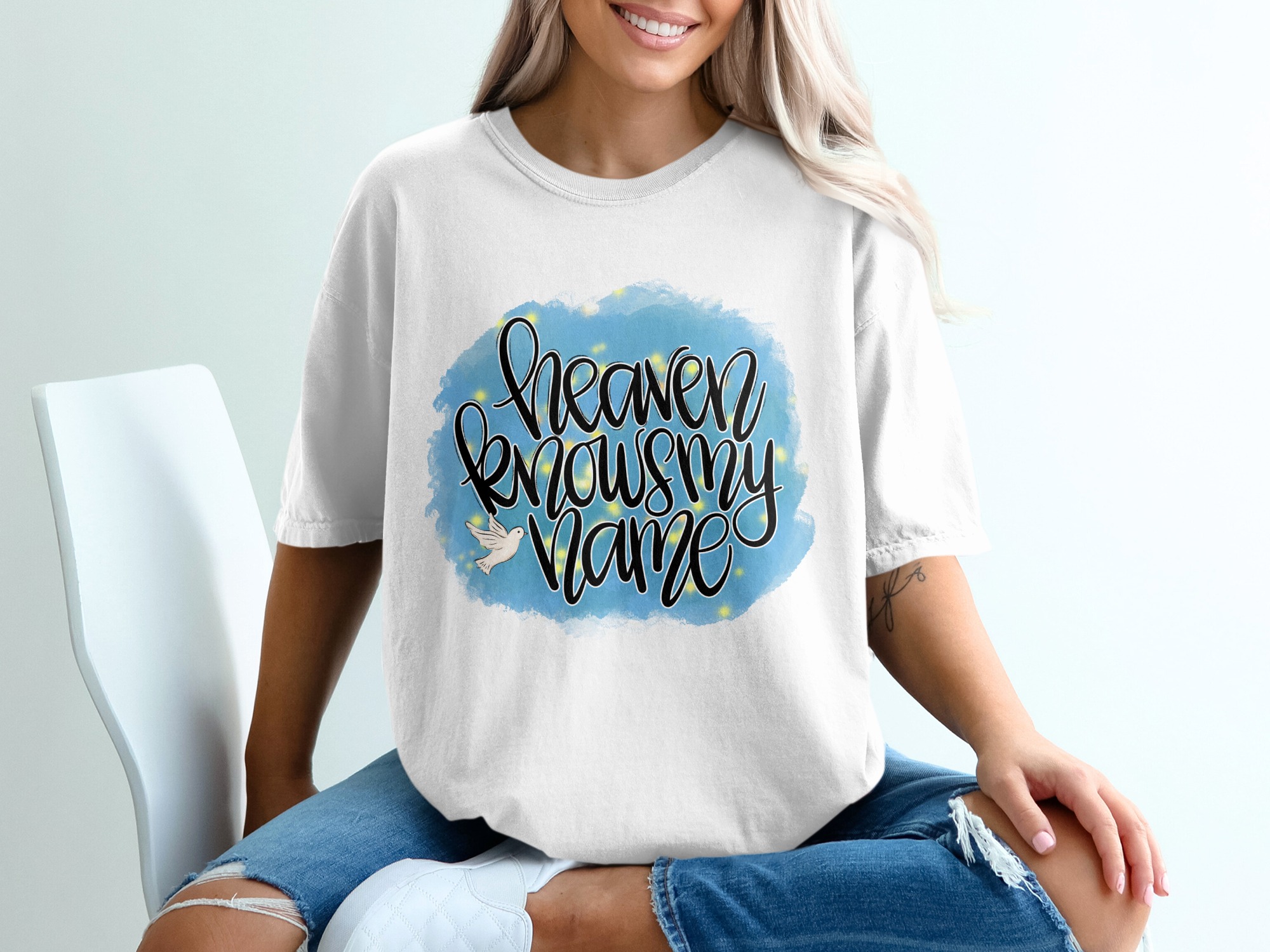 Heaven Knows My Name T-Shirt, Christian Faith Tee, Inspirational Scripture Shirt, Religious Comfort Gift for Her, Spiritual Dove Top