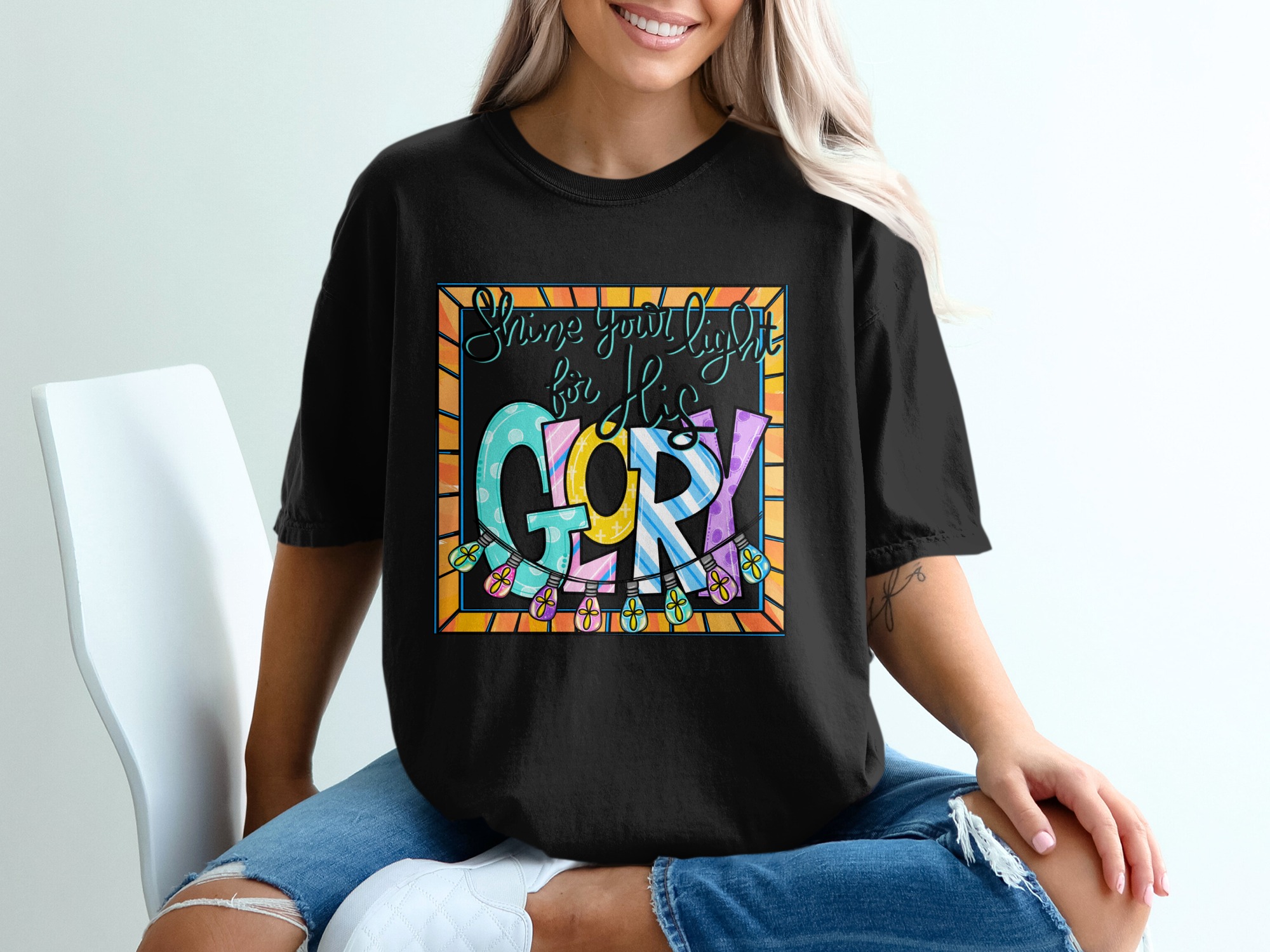 Shine Your Light For His Glory Christian T-Shirt, Inspirational Faith Tee, Faux Stained Glass Church Shirt, Religious Gift - Image 2