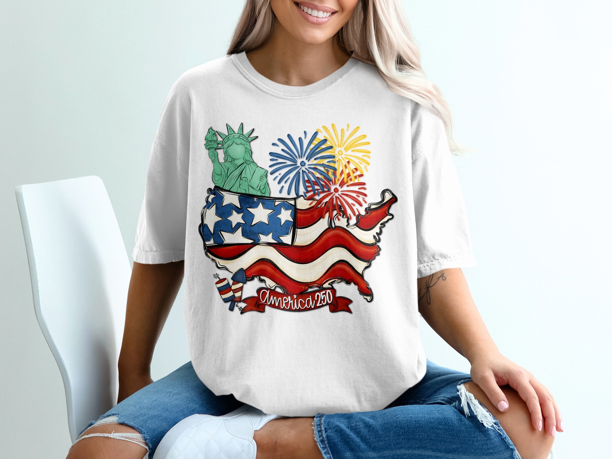 America 250 PNG Digital Download, Patriotic USA Map Clipart, Fourth of July Sublimation Design, Statue of Liberty Firework Graphic