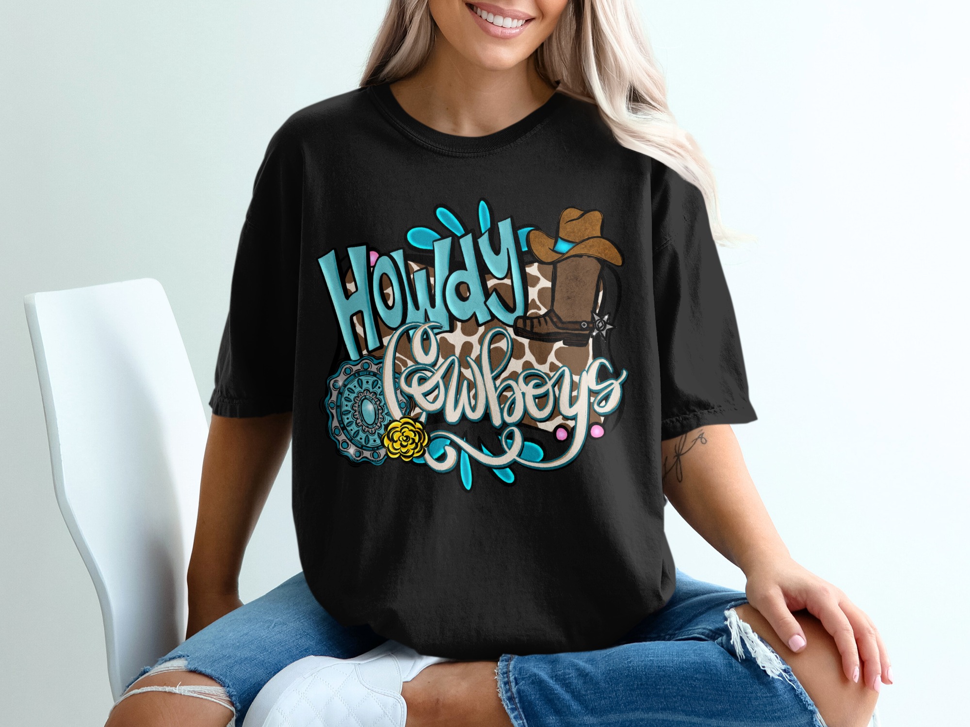Howdy Cowboys T-Shirt, Western Graphic Tee for Cowgirls, Rodeo Queen Shirt, Country Music Lover Gift, Boho Cow Print Texas Top - Image 2