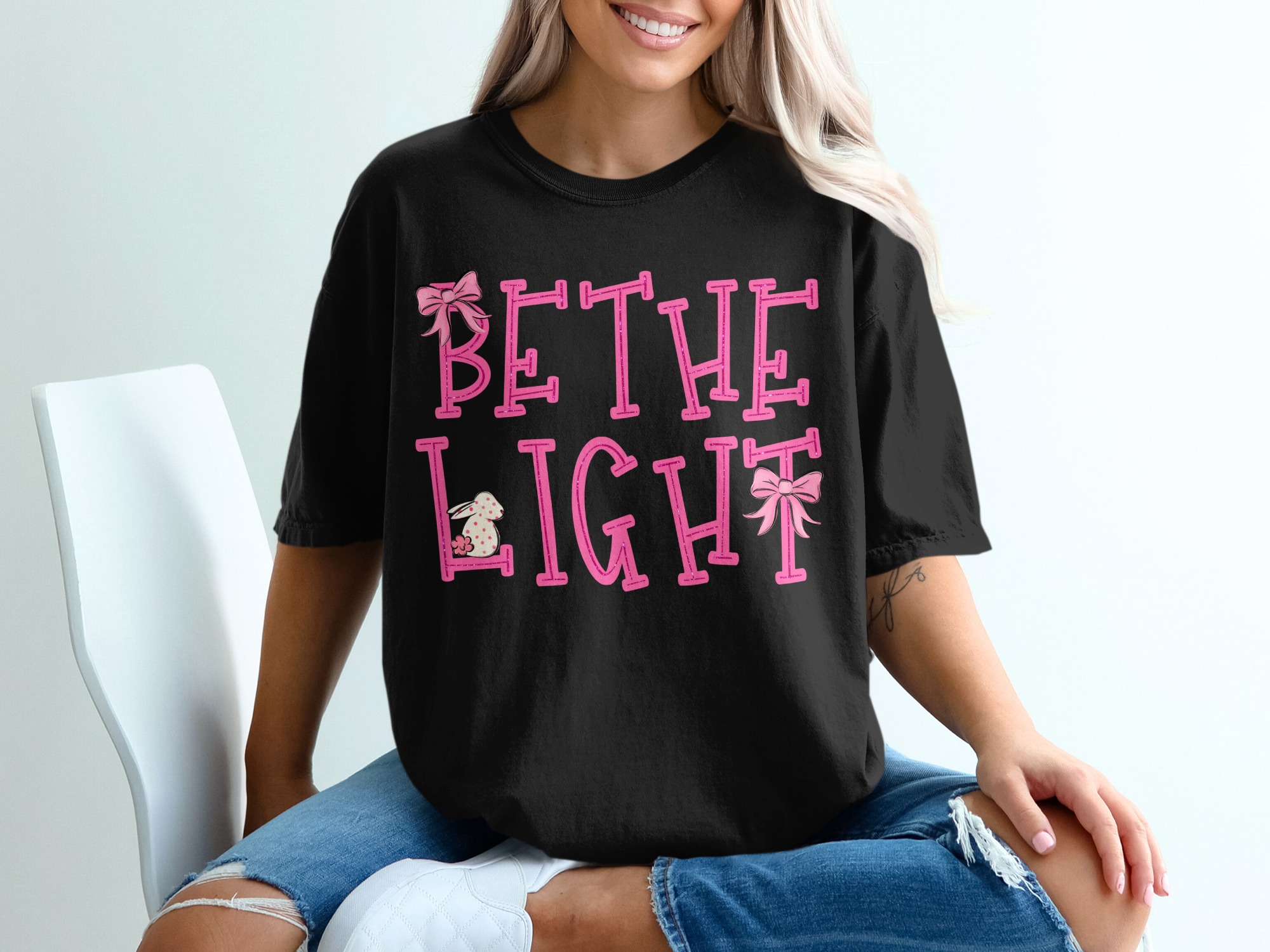 Be The Light T-Shirt, Christian Bunny Tee, Faith Based Inspirational Shirt for Women, Religious Gift Top, Uplifting Easter Apparel - Image 2