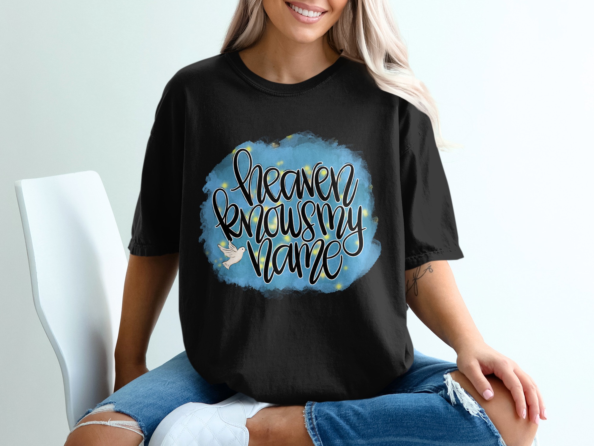 Heaven Knows My Name T-Shirt, Christian Faith Tee, Inspirational Scripture Shirt, Religious Comfort Gift for Her, Spiritual Dove Top - Image 2
