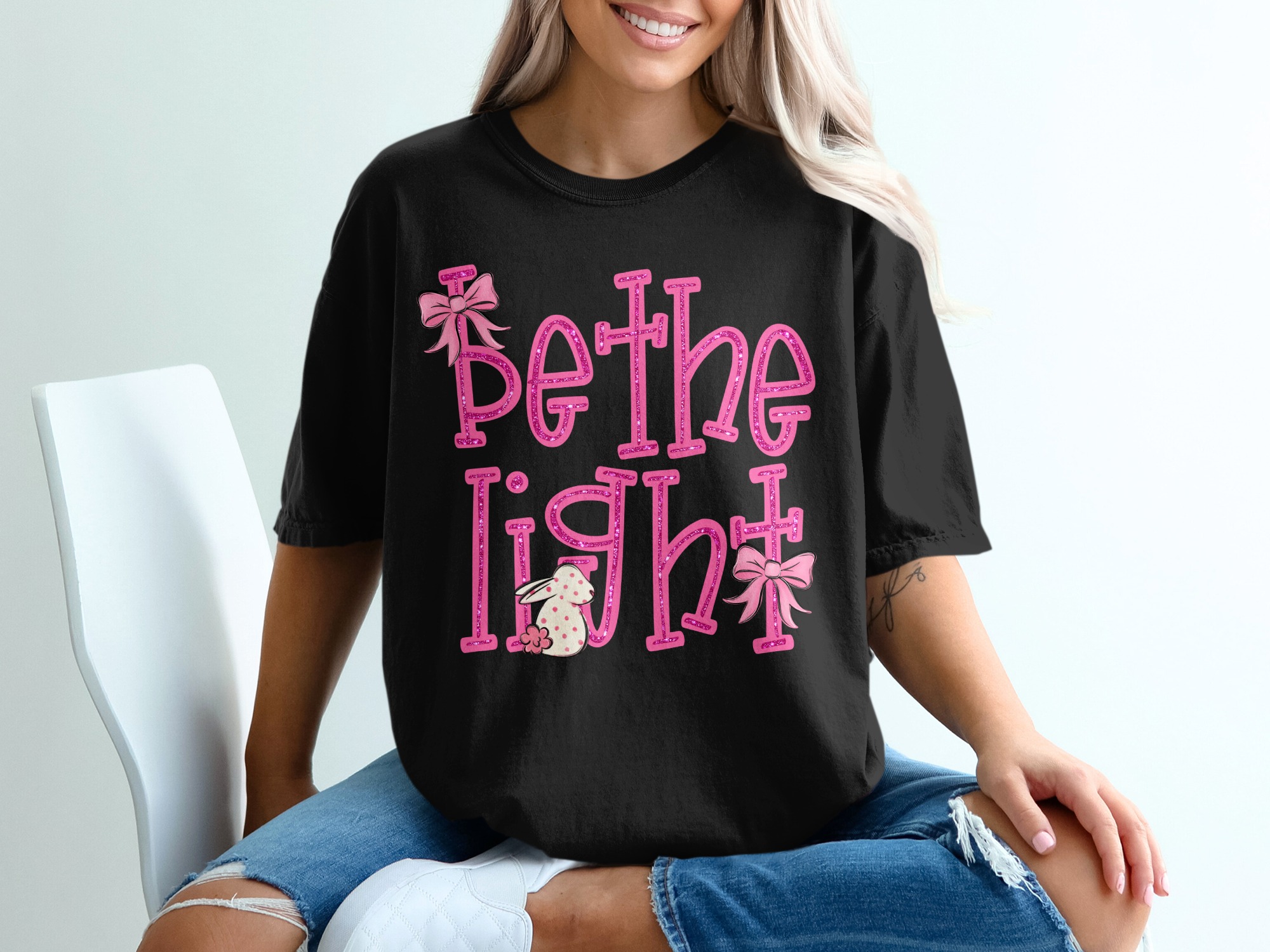 Be The Light T-Shirt, Faux Glitter Pink Bunny Shirt, Faith Based Christian Tee, Inspirational Positive Message Top, Cute Spring Easter Gift - Image 2