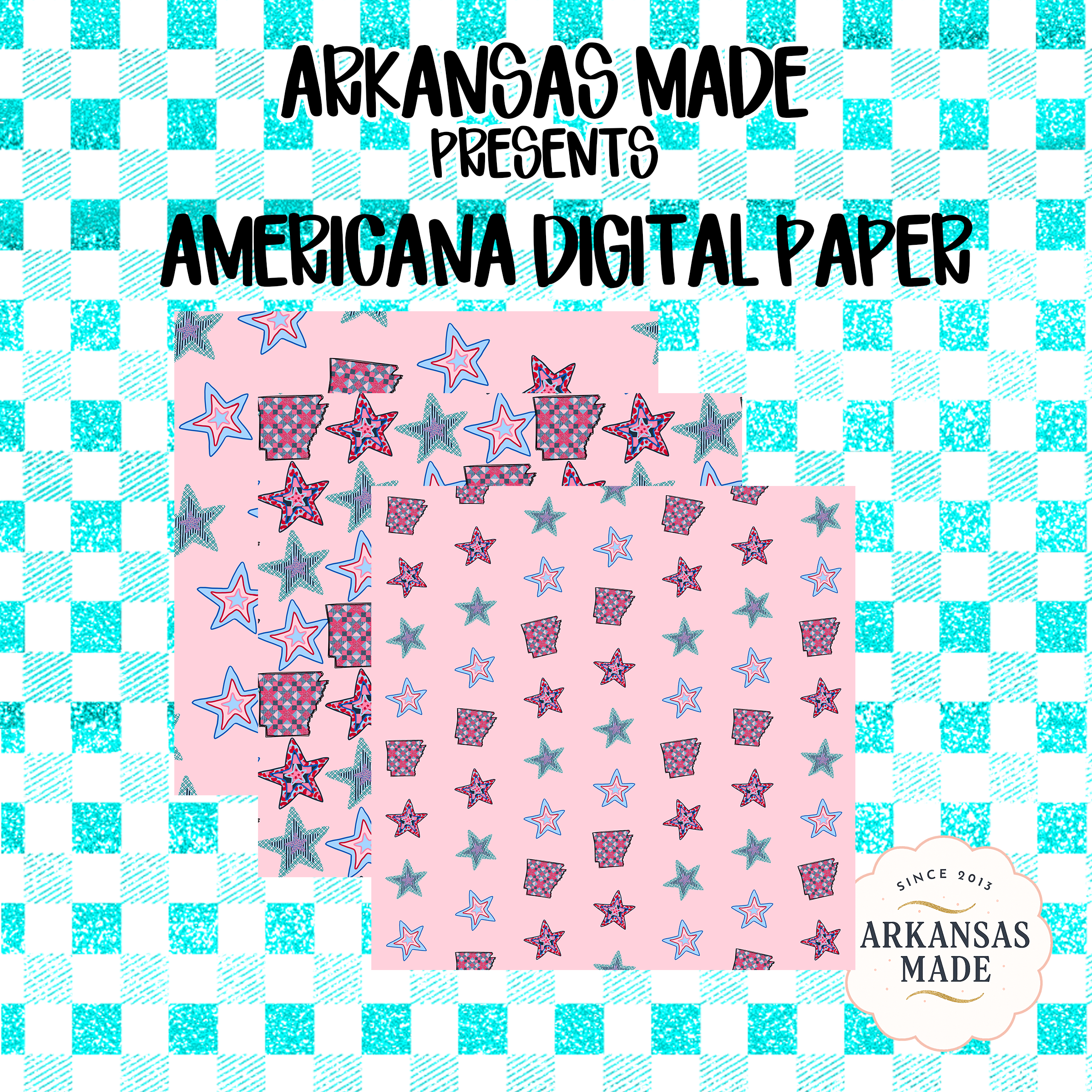 Seamless Digital Americana Paper, Arkansas Stars Patriotic Quilt Pattern for 4th of July Crafts, Southern State Outline Red Blue Pink