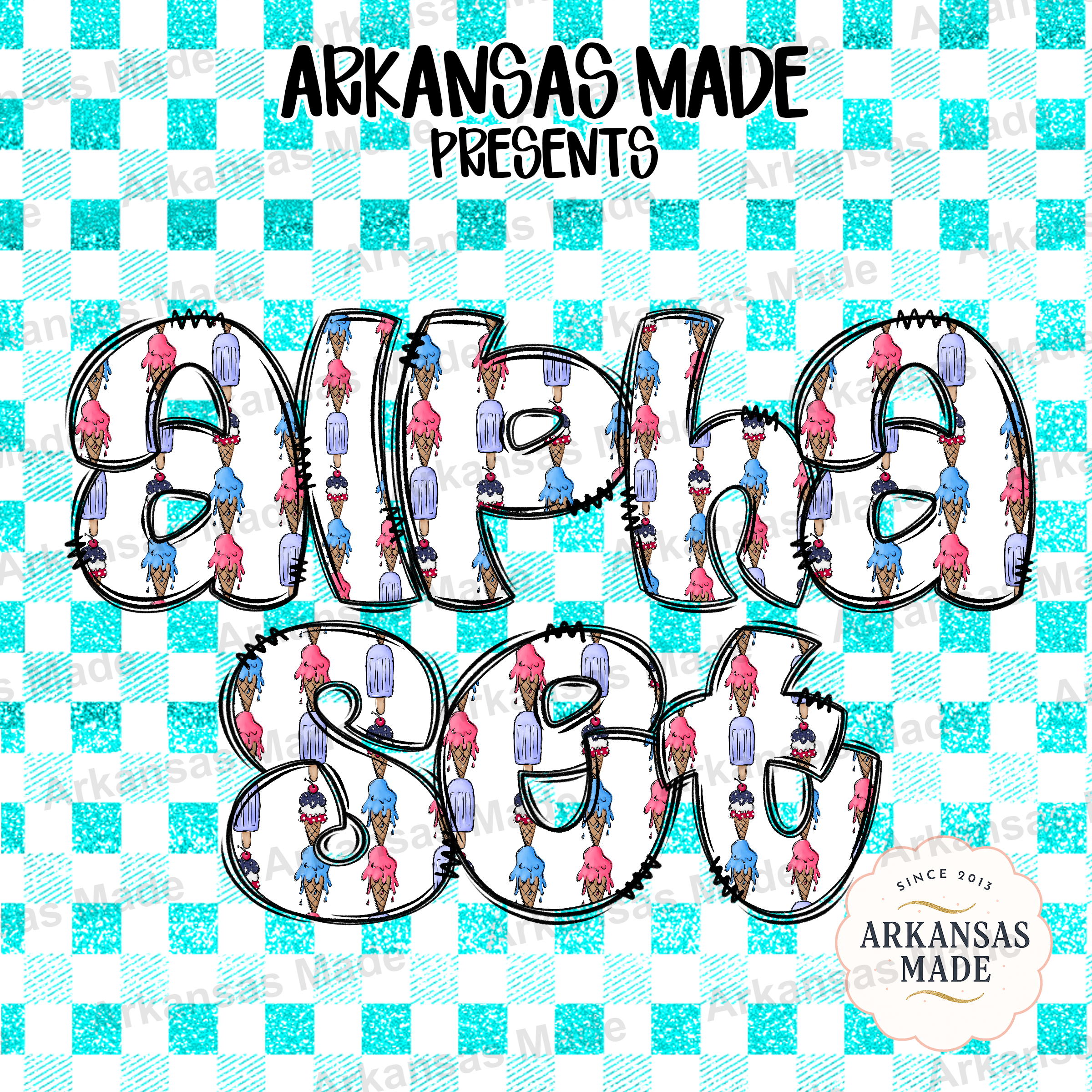 Ice Cream Popsicle Digital Alpha Set, Glitter Teal Checkered Letters, Summer Sweet Treat Font PNG Download for Sublimation & Crafts