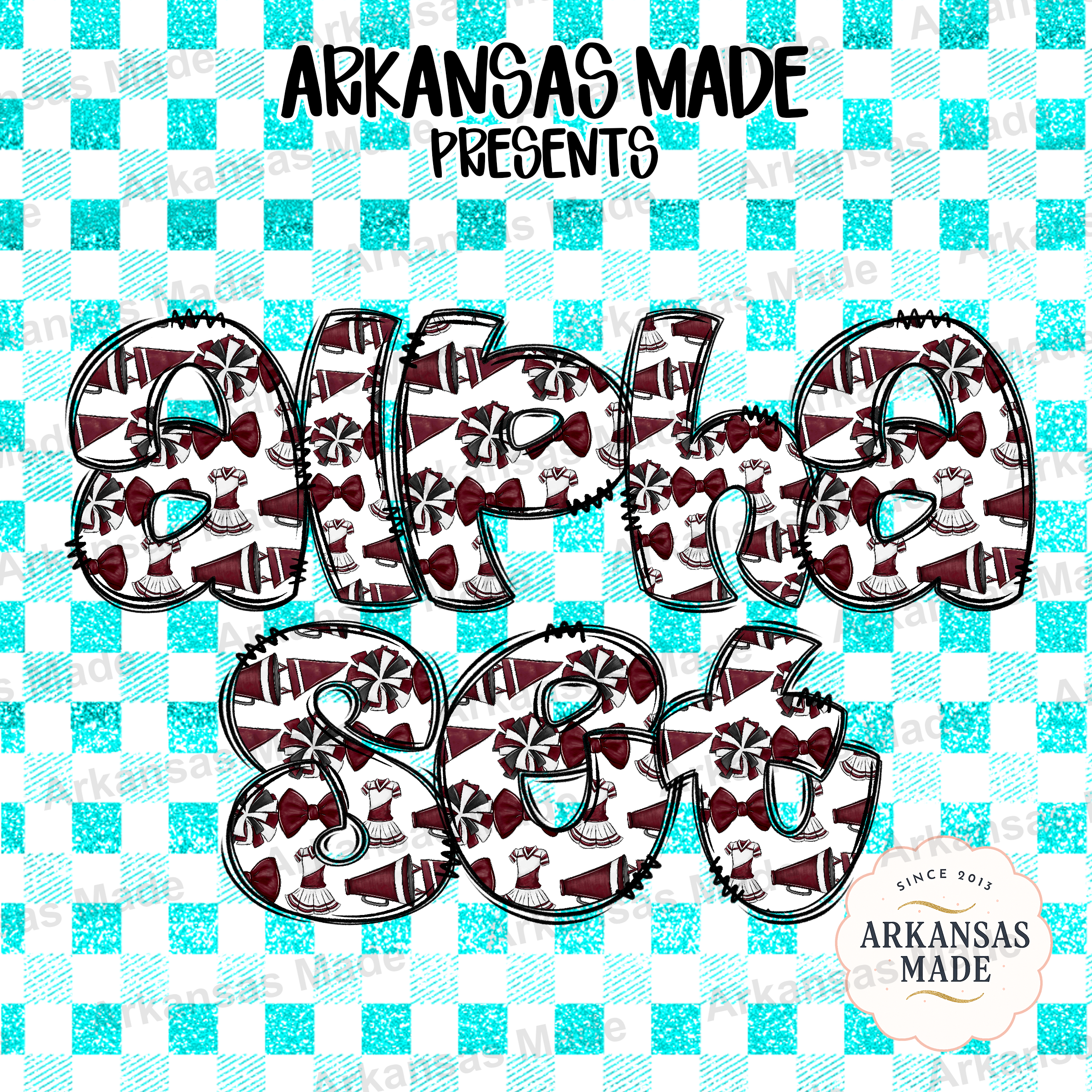 Cheerleader Digital Alpha Set, Maroon Pom Pom Font PNG, Team Spirit Letters Megaphone Alphabet, Faux Glitter Plaid Numbers Clipart