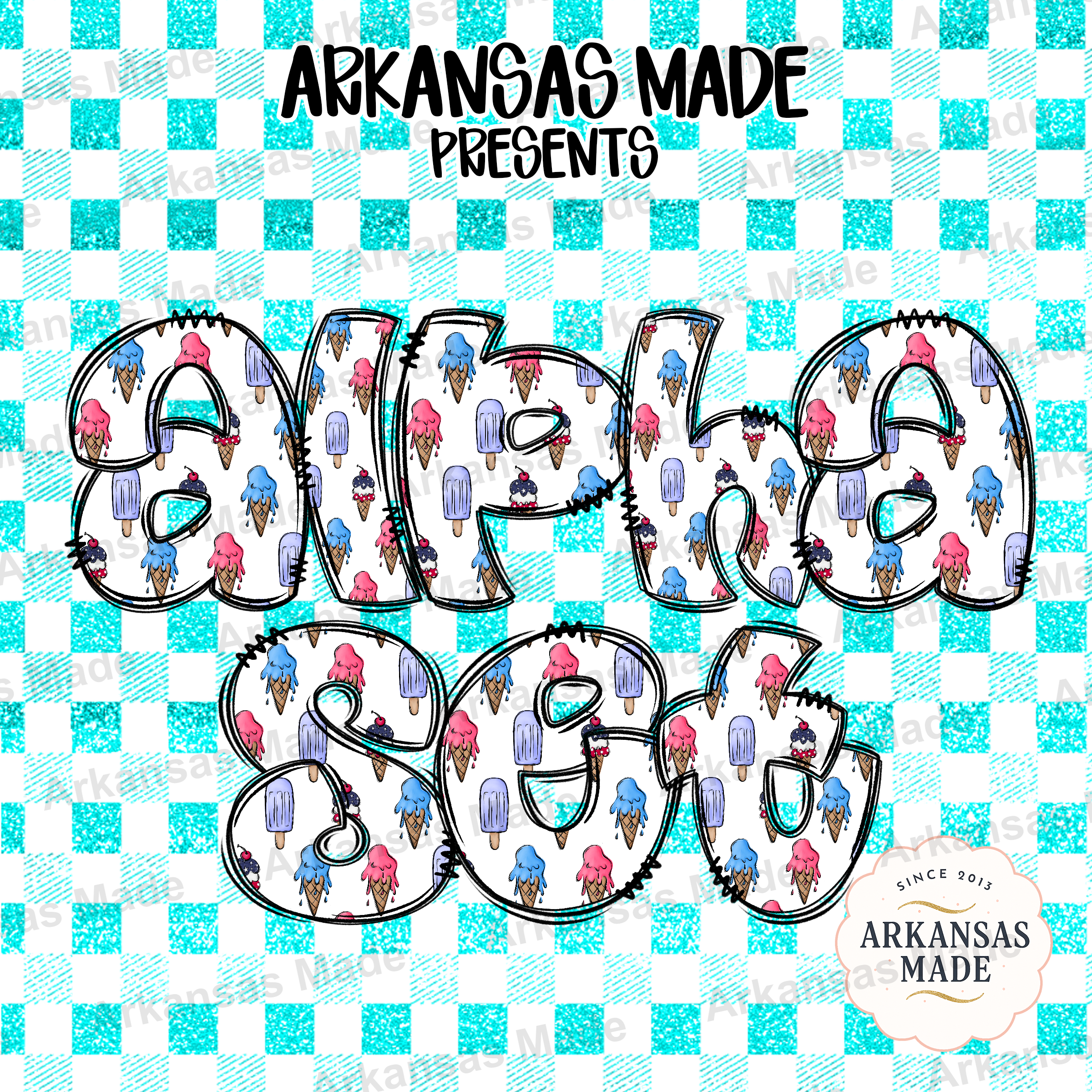 Sweet Ice Cream Popsicle Digital Alpha Set, Faux Glitter Turquoise Gingham Alphabet PNG Letters, Summer Treat Sublimation Design