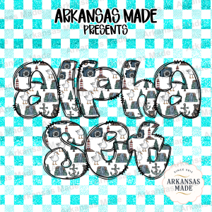 Digital Alpha Set PNG Sublimation Kit, Nautical Adventure Letters, Teal Faux Glitter Gingham Alphabet, Coastal Wildlife & Camera Clipart for