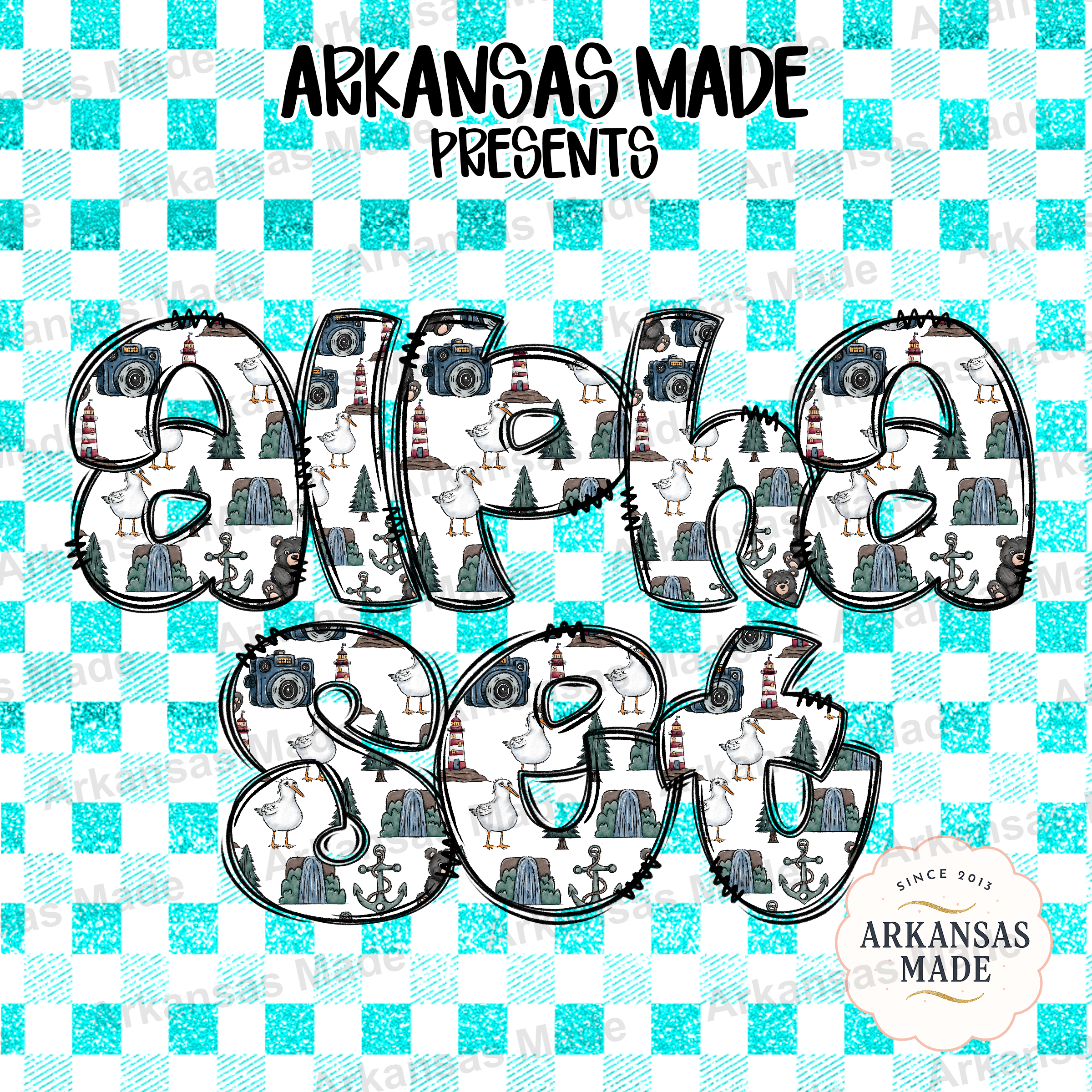 Digital Alpha Set PNG Sublimation Kit, Nautical Adventure Letters, Teal Faux Glitter Gingham Alphabet, Coastal Wildlife & Camera Clipart for