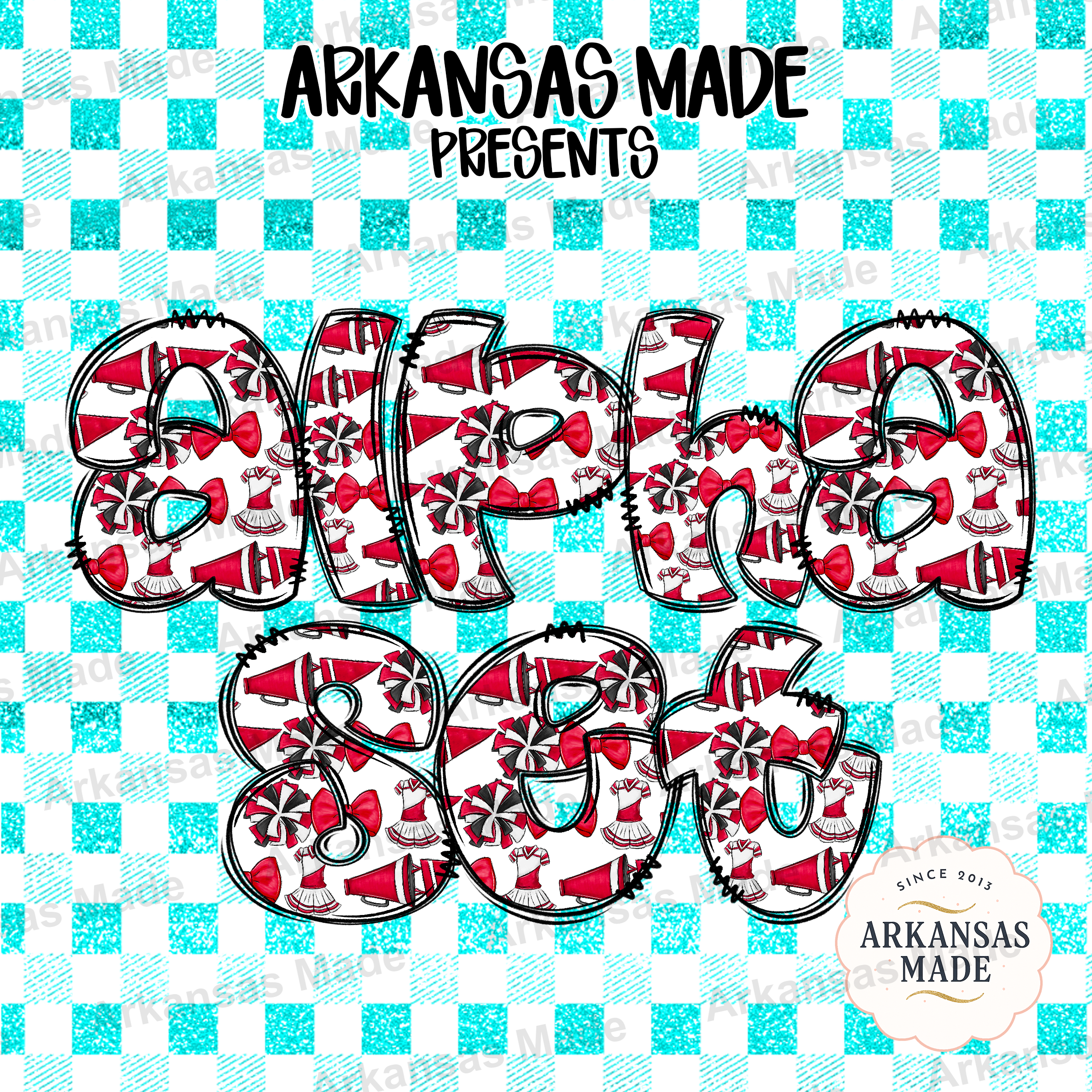 Cheerleader Digital Alpha Set | Red Cheerleading Letters PNG | Pom Pom & Megaphone Varsity Font | Faux Glitter Gingham Spirit