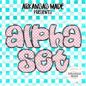 Digital Alpha Set PNG | Pink Gingham Letters, Turquoise Faux Glitter Bubble Font Alphabet with Stitched Outline | Farmhouse Sublimation
