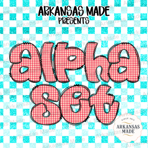 Gingham Alphabet Digital Alpha Set PNG, Red Buffalo Plaid Letters, Cute Teal Glitter Doodle Font, Farmhouse Rustic Sublimation