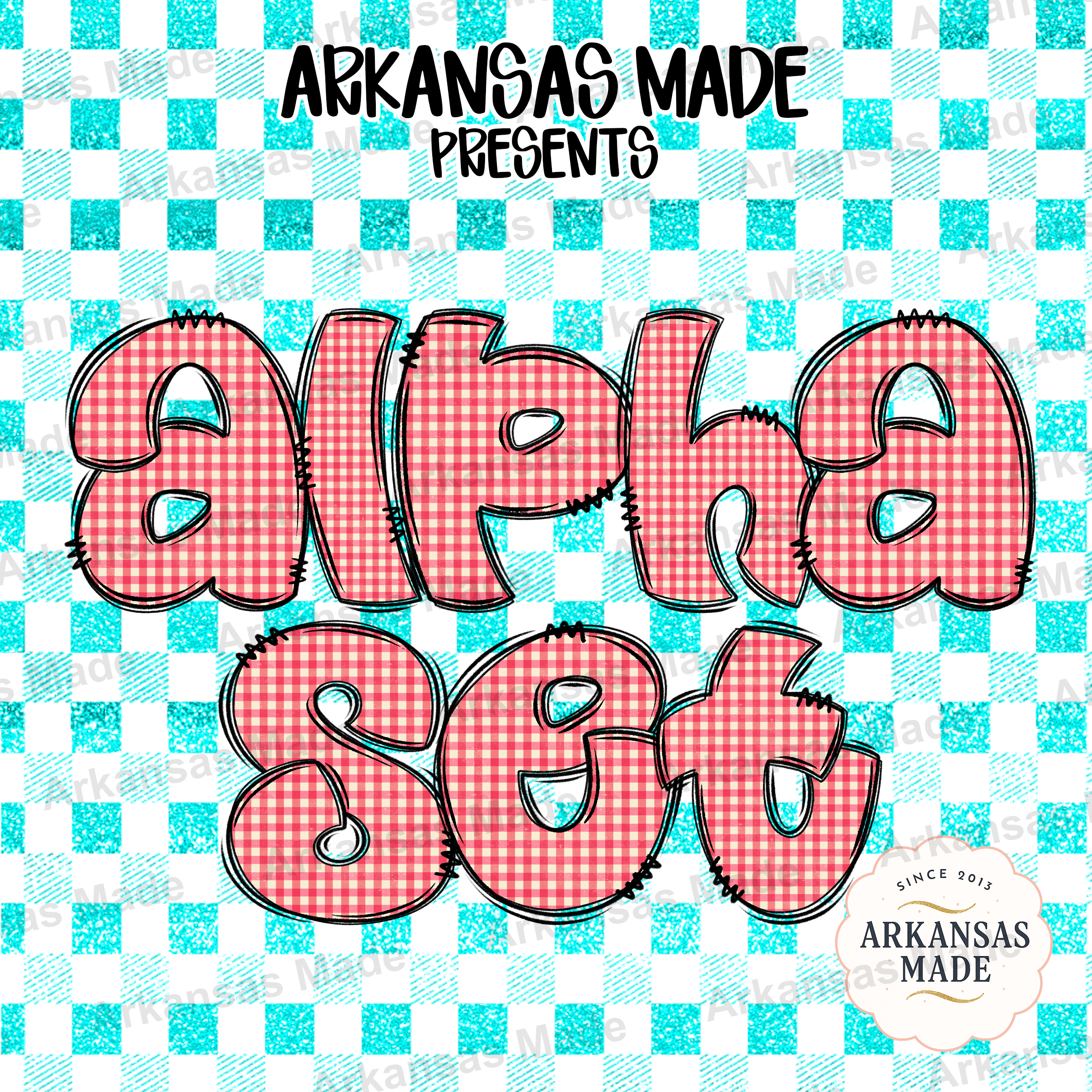 Gingham Alphabet Digital Alpha Set PNG, Red Buffalo Plaid Letters, Cute Teal Glitter Doodle Font, Farmhouse Rustic Sublimation