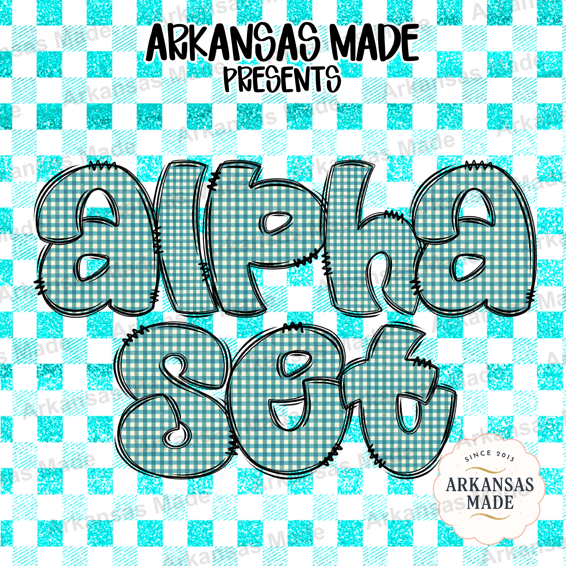Teal Gingham Alpha Set Digital Download PNG, Glitter Checkered Alphabet Clipart Bundle, Stitched Letters for Sublimation Crafting, Custom
