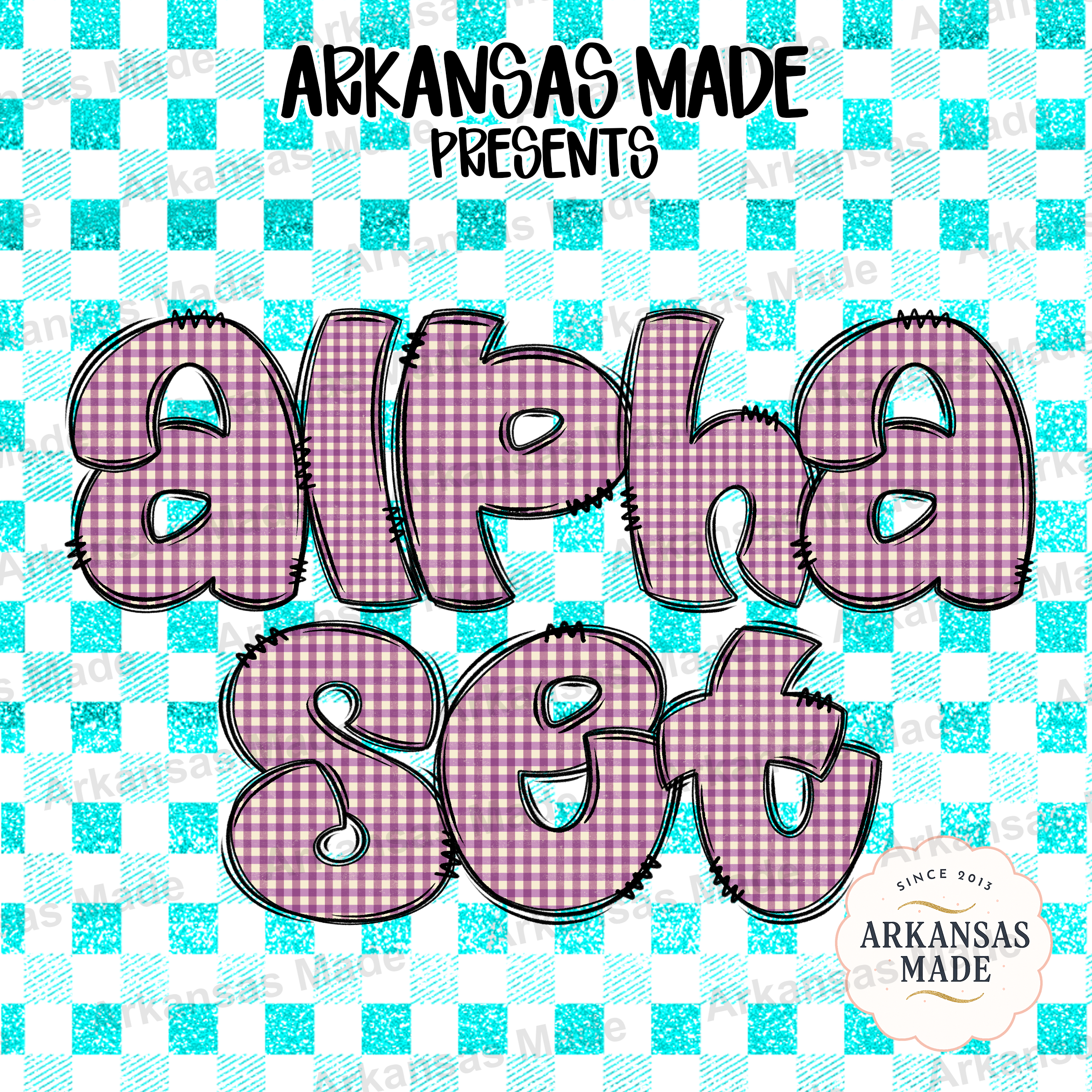 Gingham Alpha Set Digital Download, Distressed Purple Plaid Alphabet PNG Letters, Teal Glitter Doodle Font Digital Alpha Set