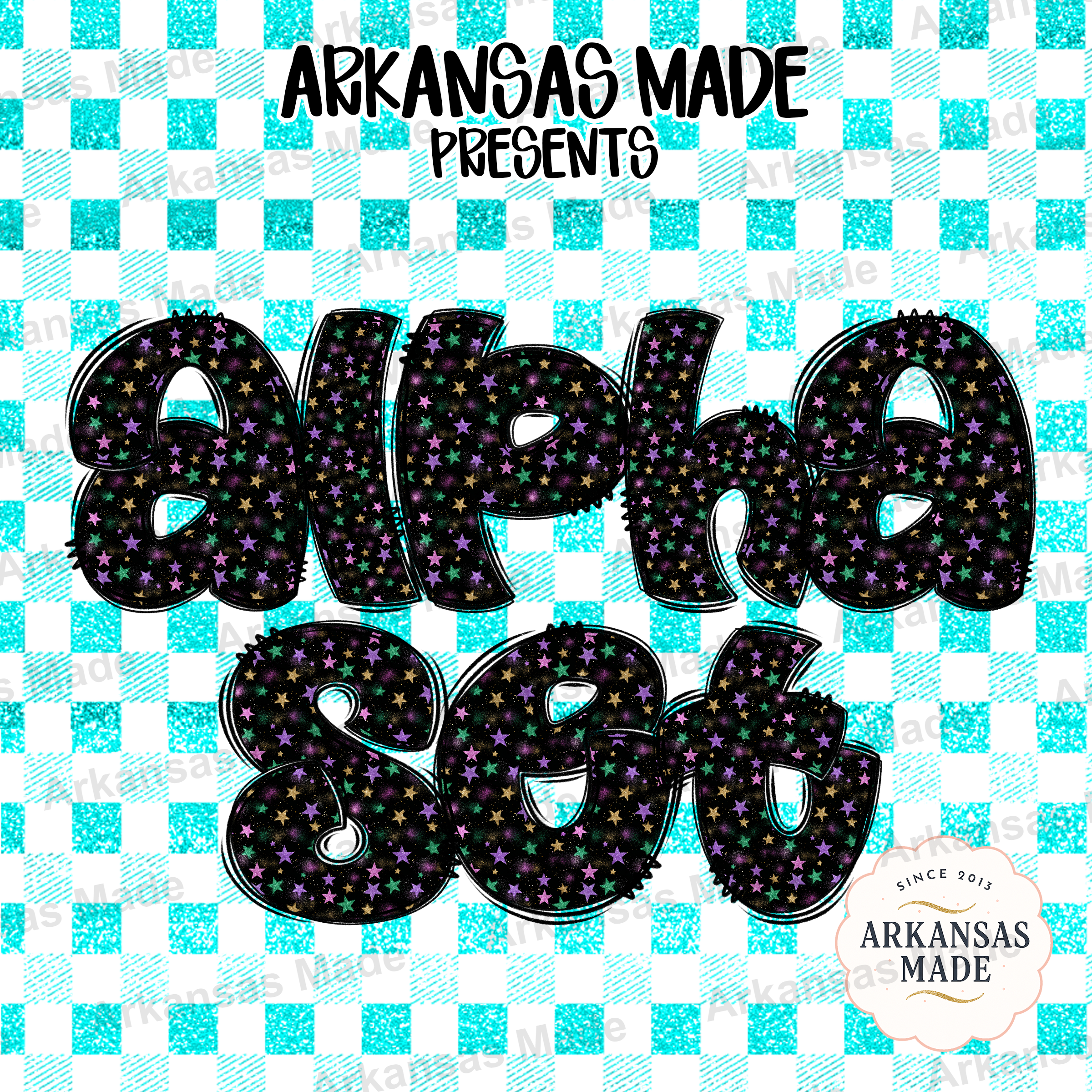 Teal Plaid Digital Alpha Set, Star Glitter Bubble Font Alphabet PNG, Y2K Letters Numbers Clipart Bundle, Chunky Sublimation Design for