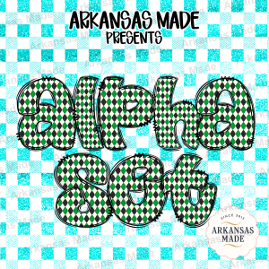Digital Alpha Set, Green Harlequin Font PNG, Turquoise Glitter Checkered Background, Stitched Argyle Bubble Letters for Sublimation