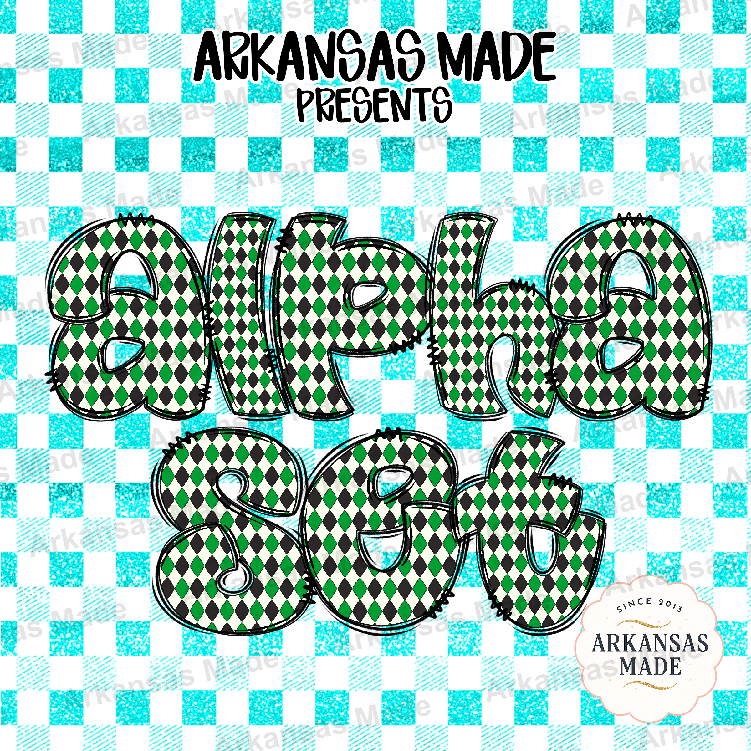 Digital Alpha Set, Green Harlequin Font PNG, Turquoise Glitter Checkered Background, Stitched Argyle Bubble Letters for Sublimation
