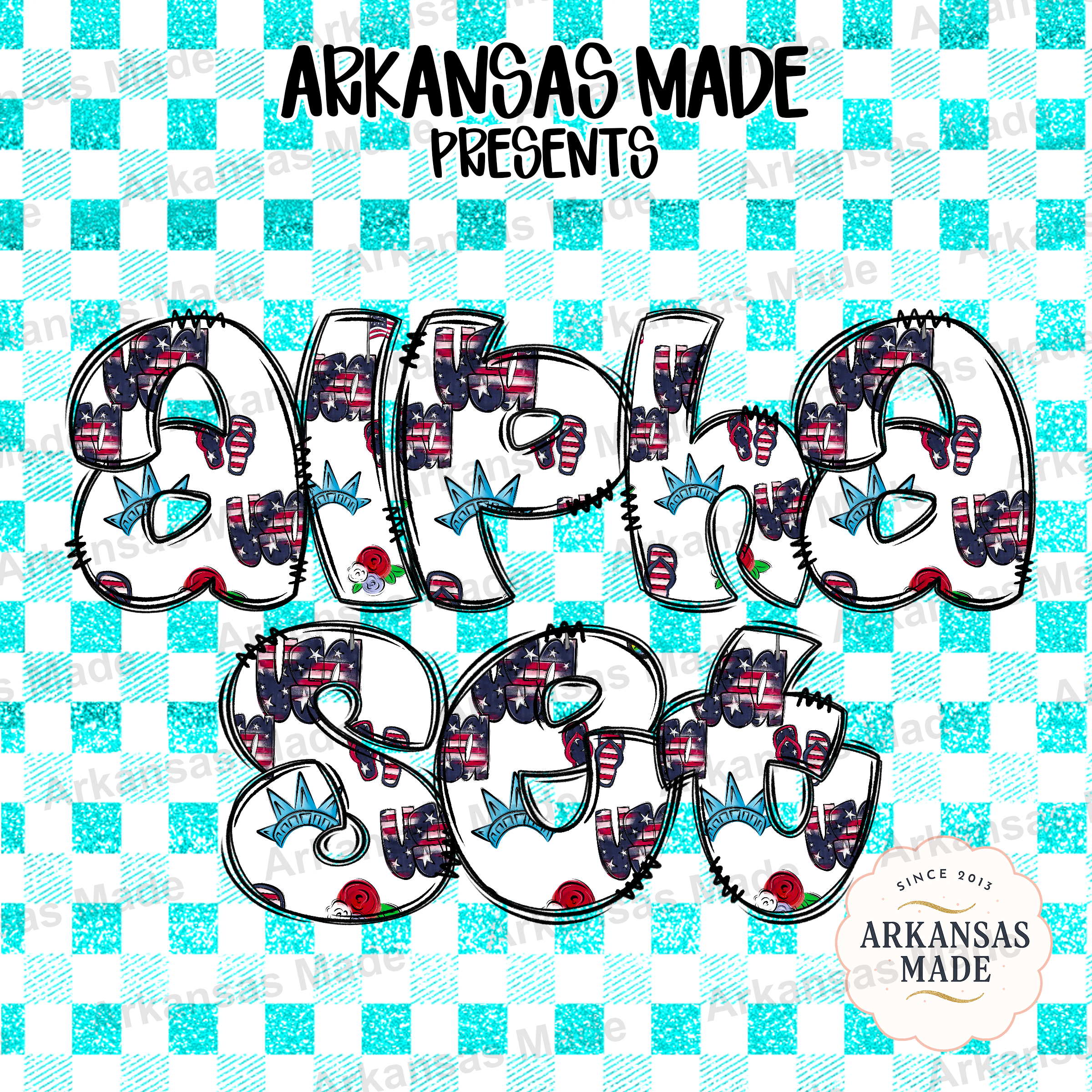 Patriotic Digital Alpha Set, American Flag Alphabet PNG, 4th of July Letters, Summer Sublimation Clipart, Glitter Buffalo Plaid Digital