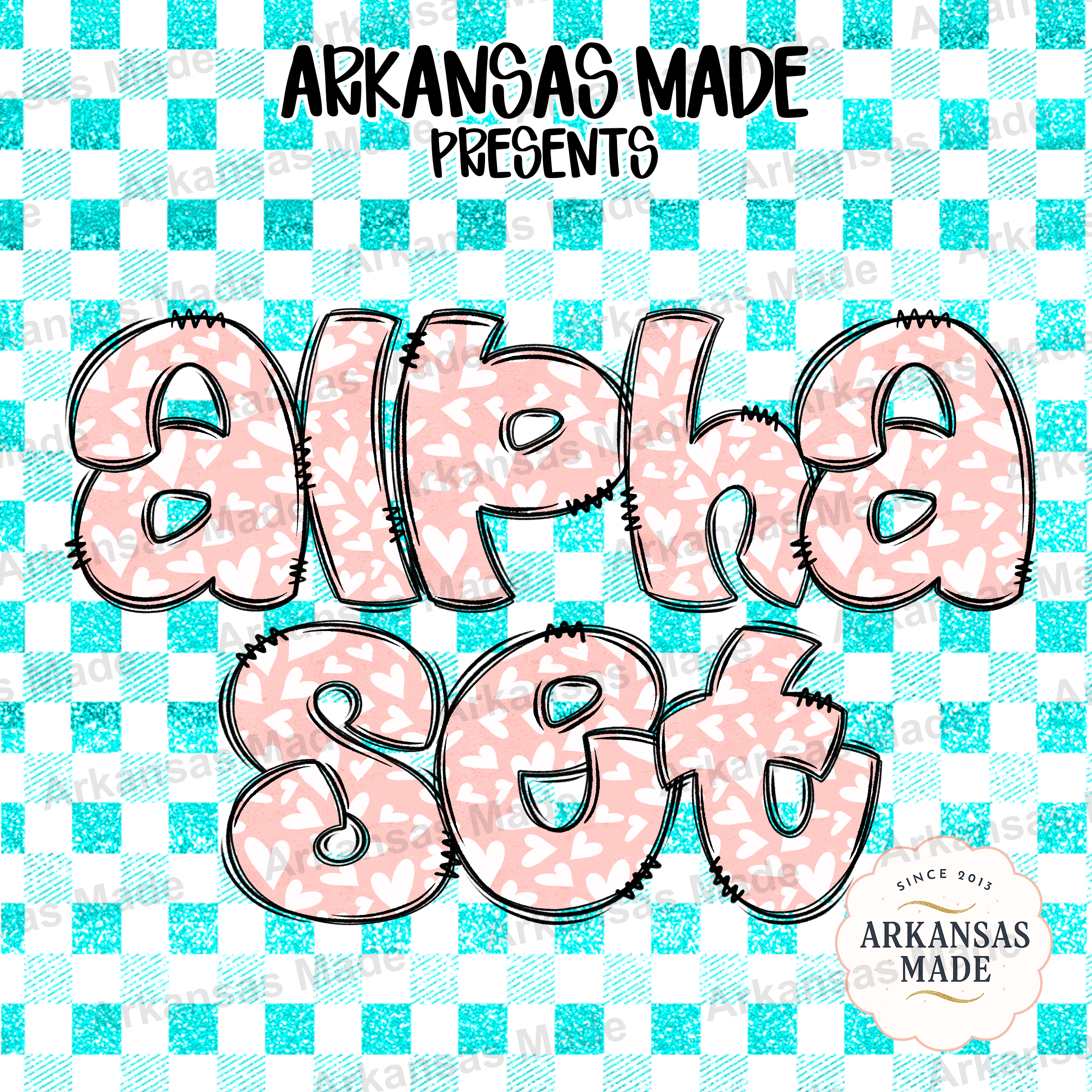 Pink Hearts Digital Alpha Set, Bubble Letters Alphabet PNG, Faux Glitter Teal Gingham Font, Cute Valentines Day Sublimation Design Bundle