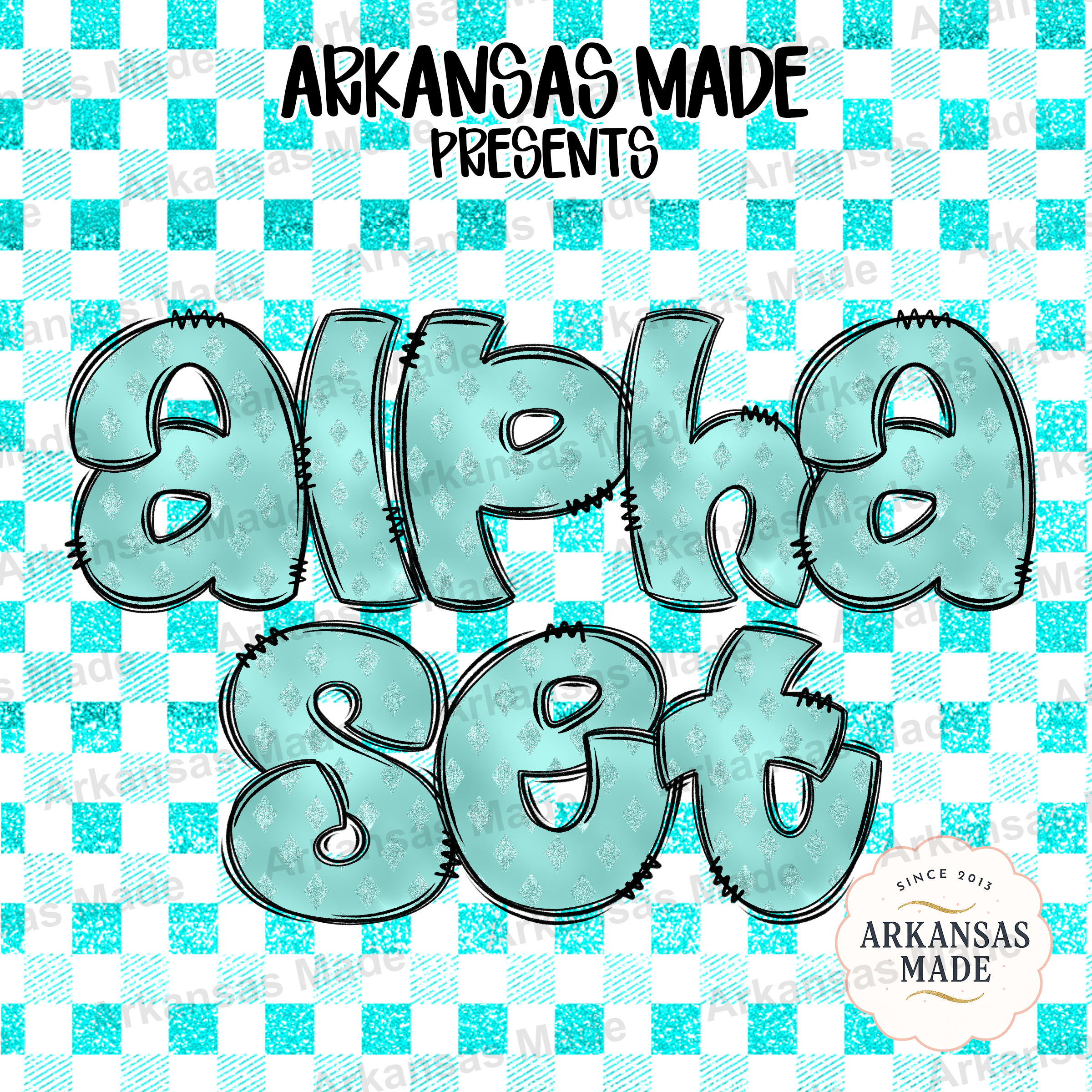 Turquoise Glitter Bubble Letters Digital Alpha Set PNG Clipart, Teal Stitch Outline Font, Sublimation Alphabet Download