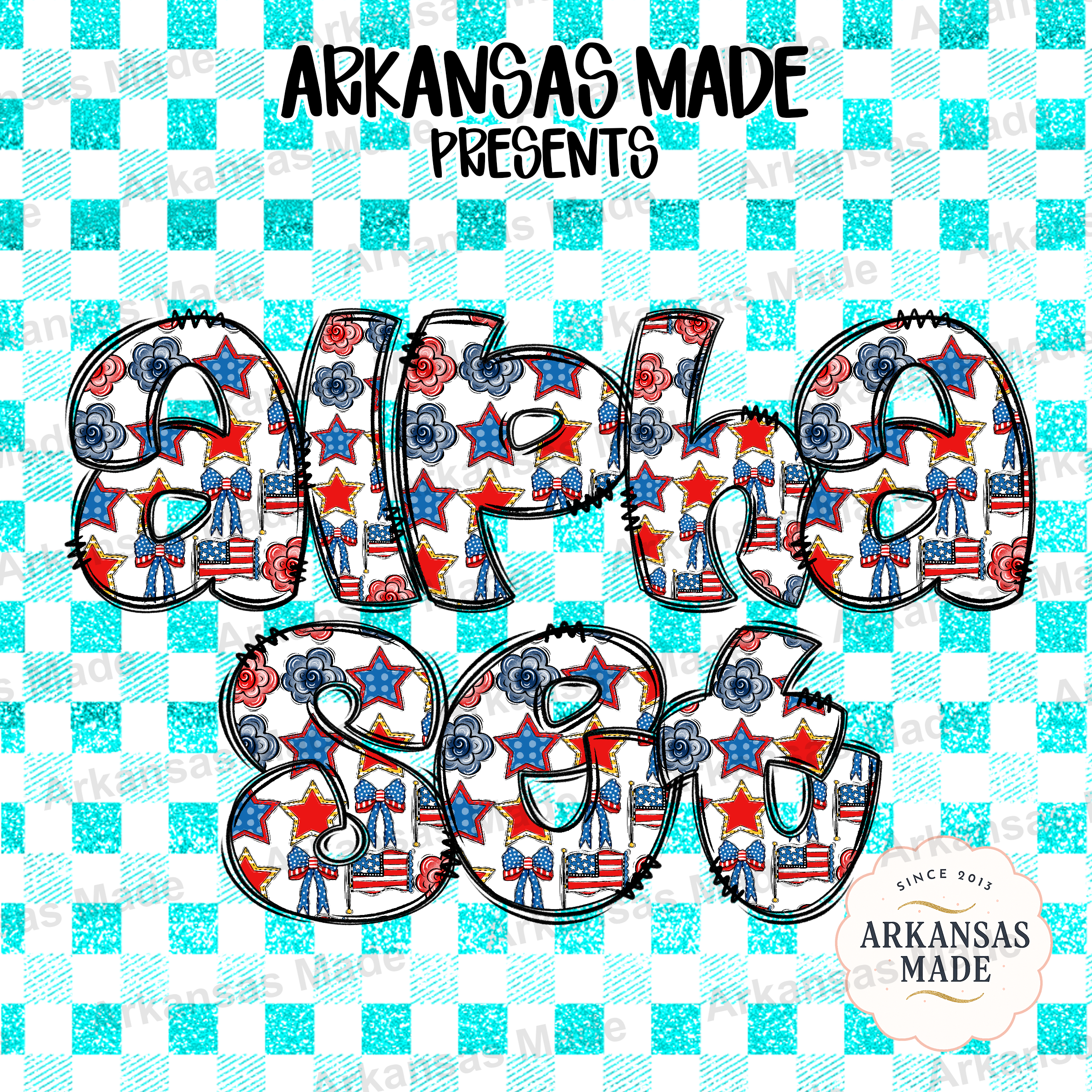 Patriotic Alpha Set PNG, USA Letters Sublimation, 4th of July Alphabet Digital Download, Red White Blue Stars and Stripes Gingham Font Pack