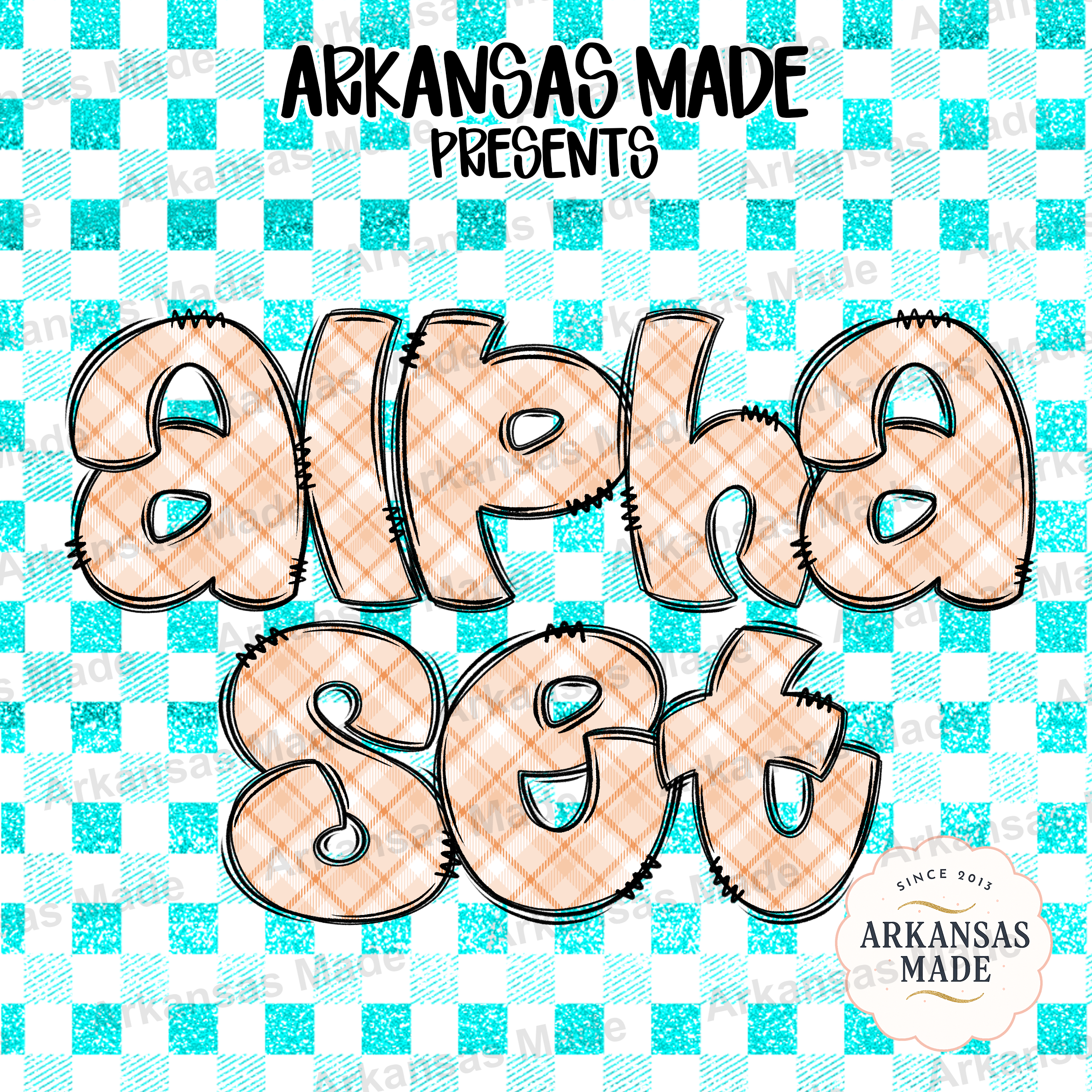 Plaid Glitter Alpha Set Digital, Farmhouse Gingham Bubble Letters, Rustic Teal Alphabet PNG Clipart for Sublimation, Crafting, Teachers