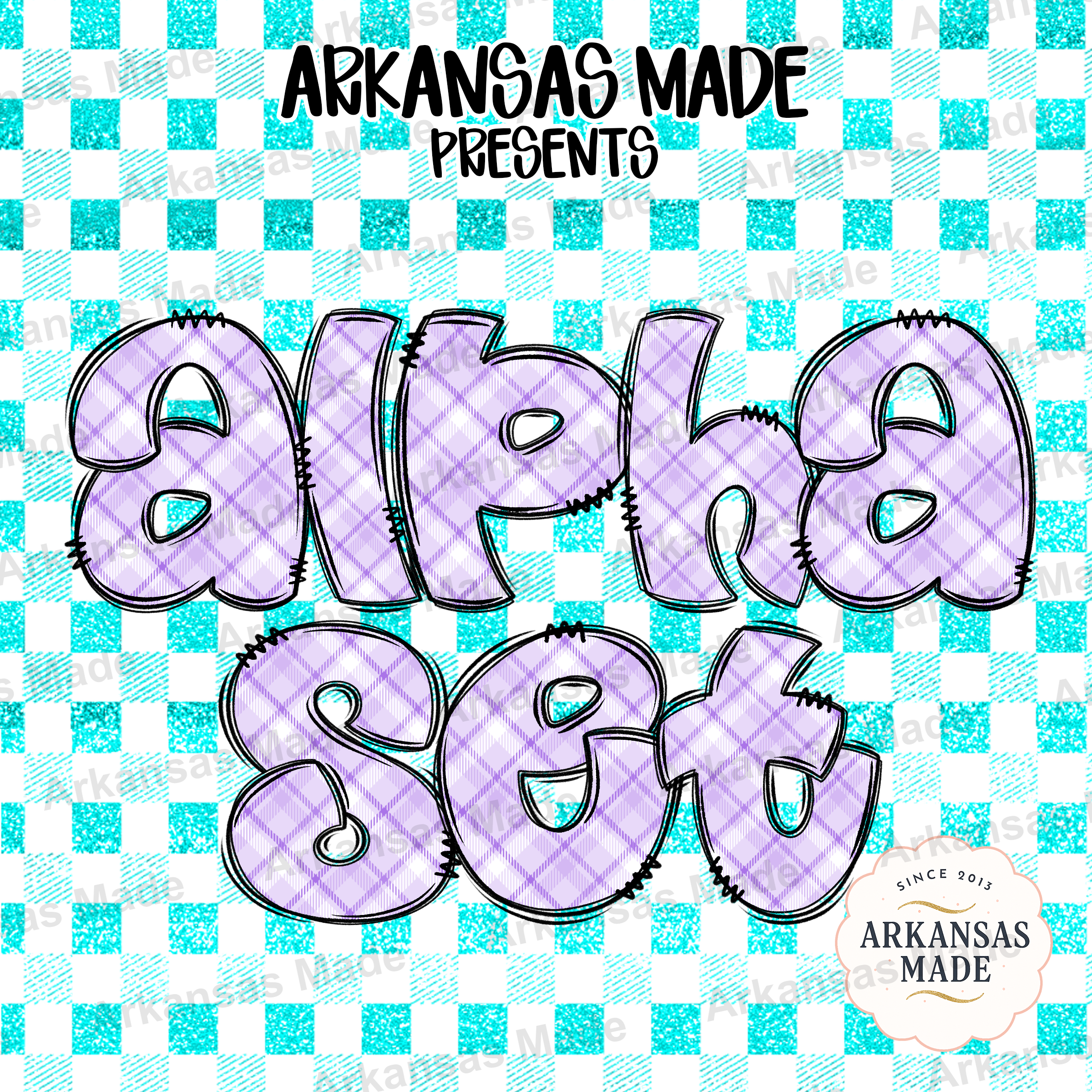 Plaid Glitter Alpha Set Digital Download - Bubble Letters Alphabet PNG Pack with Teal & Lavender Checkerboard Design for Crafters