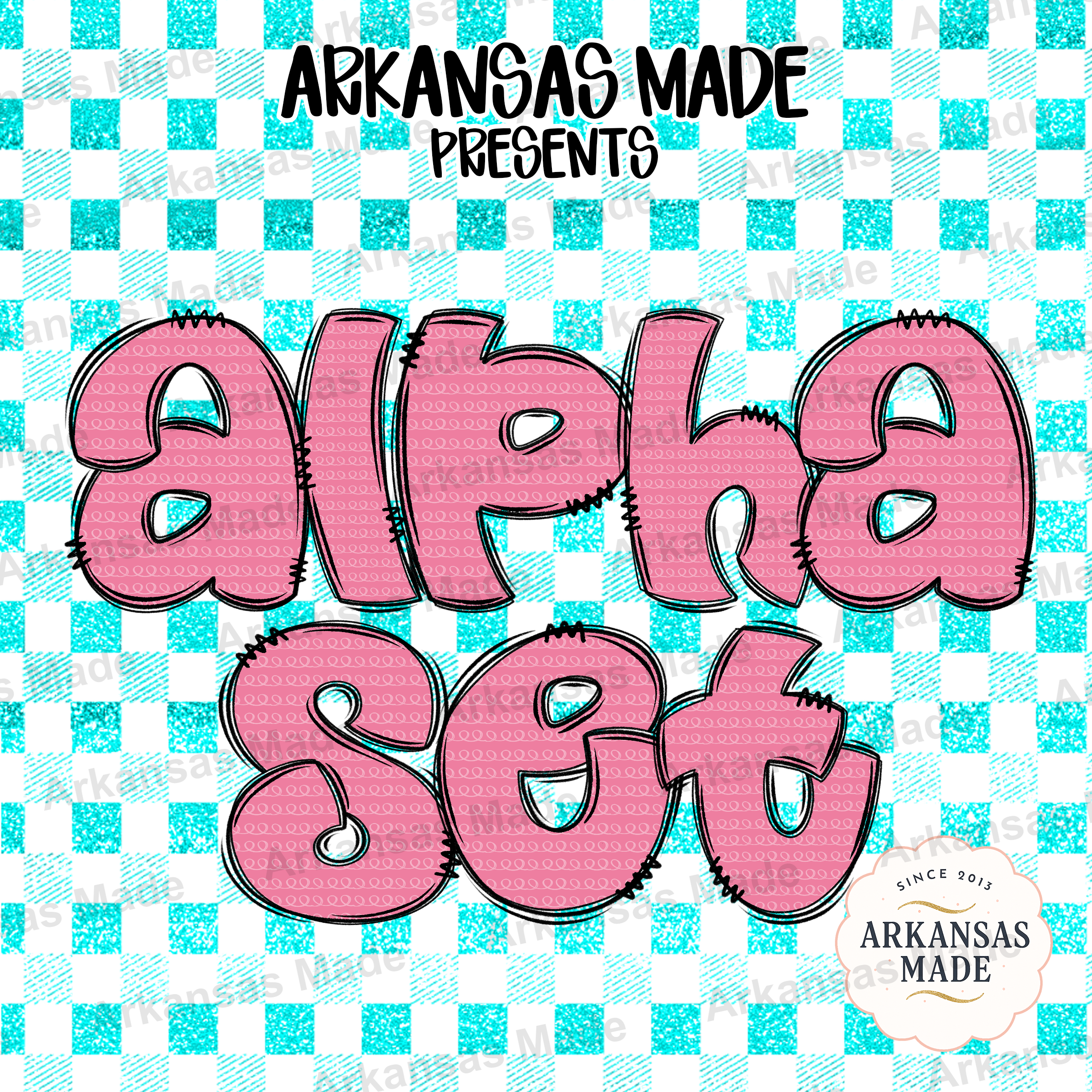 Vibrant Pink Teal Digital Alpha Set, Faux Glitter Alphabet Clipart, Bubbly Doodle Letters PNG, Preppy Style Craft Font Download
