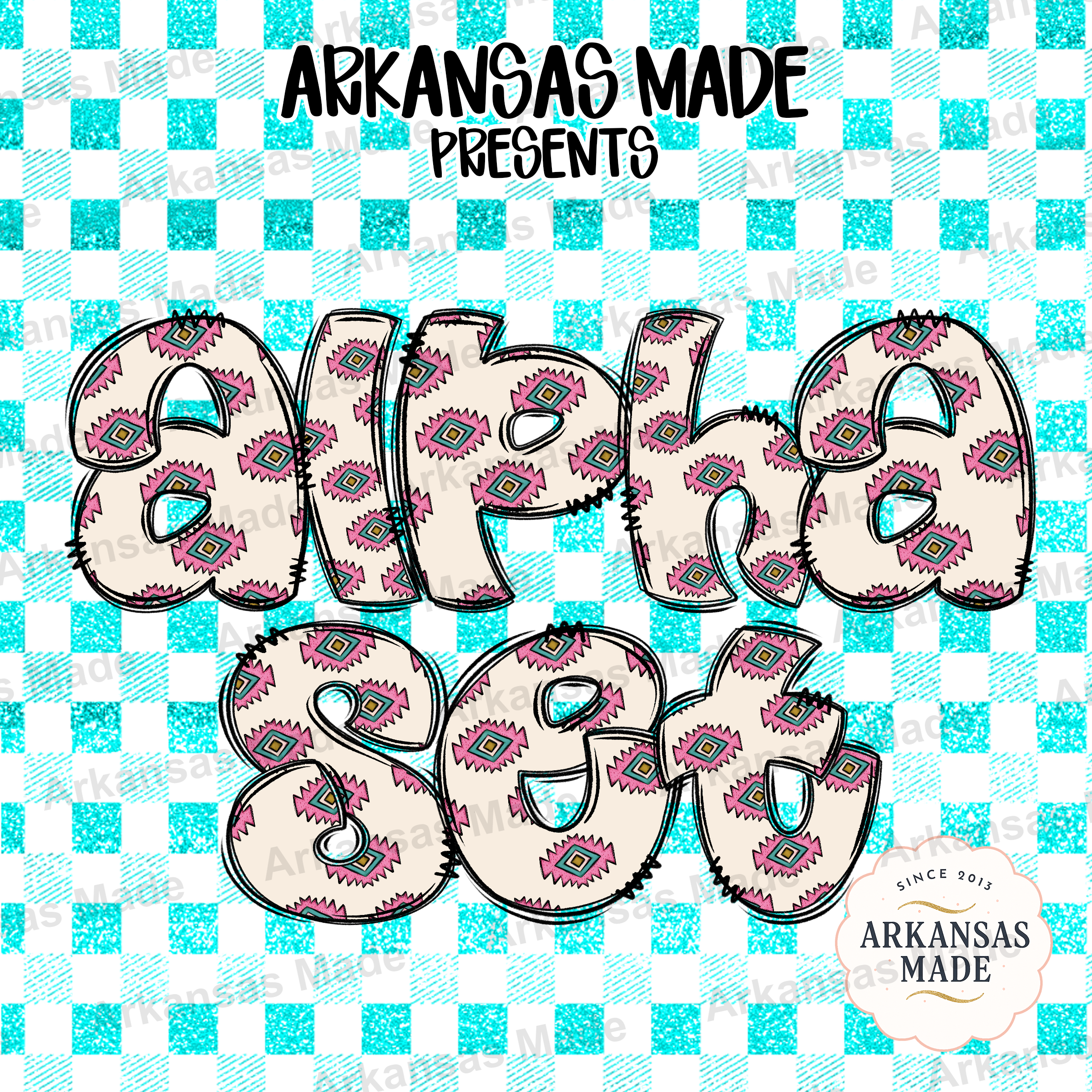 Southwest Alpha Set Digital, Aztec Letters PNG, Boho Alphabet Bundle, Teal Pink Glitter Font, Western Sublimation Designs, Country Style