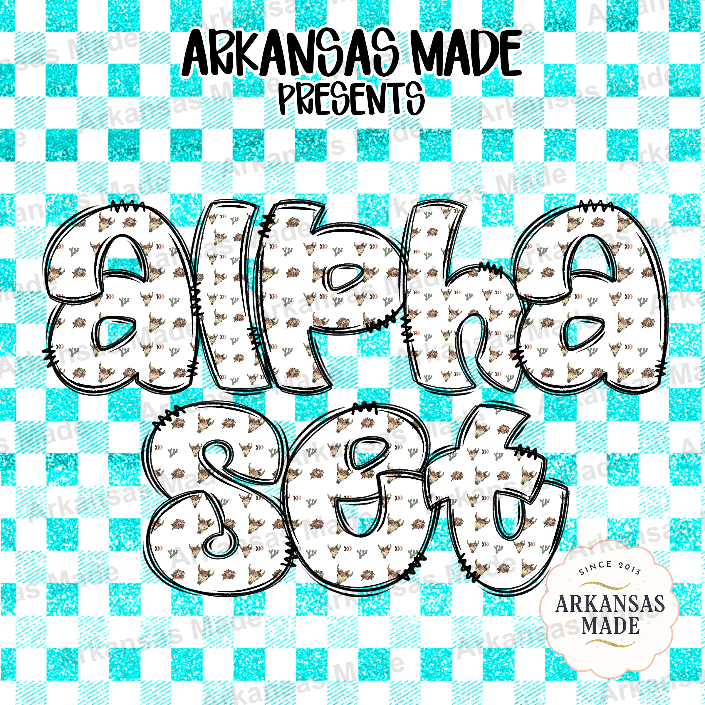 Digital Alpha Set, Western Boho Steer Skull Glitter Letters, Cowgirl Alphabet PNG for Sublimation & Crafts, Turquoise Cactus Font Bundle