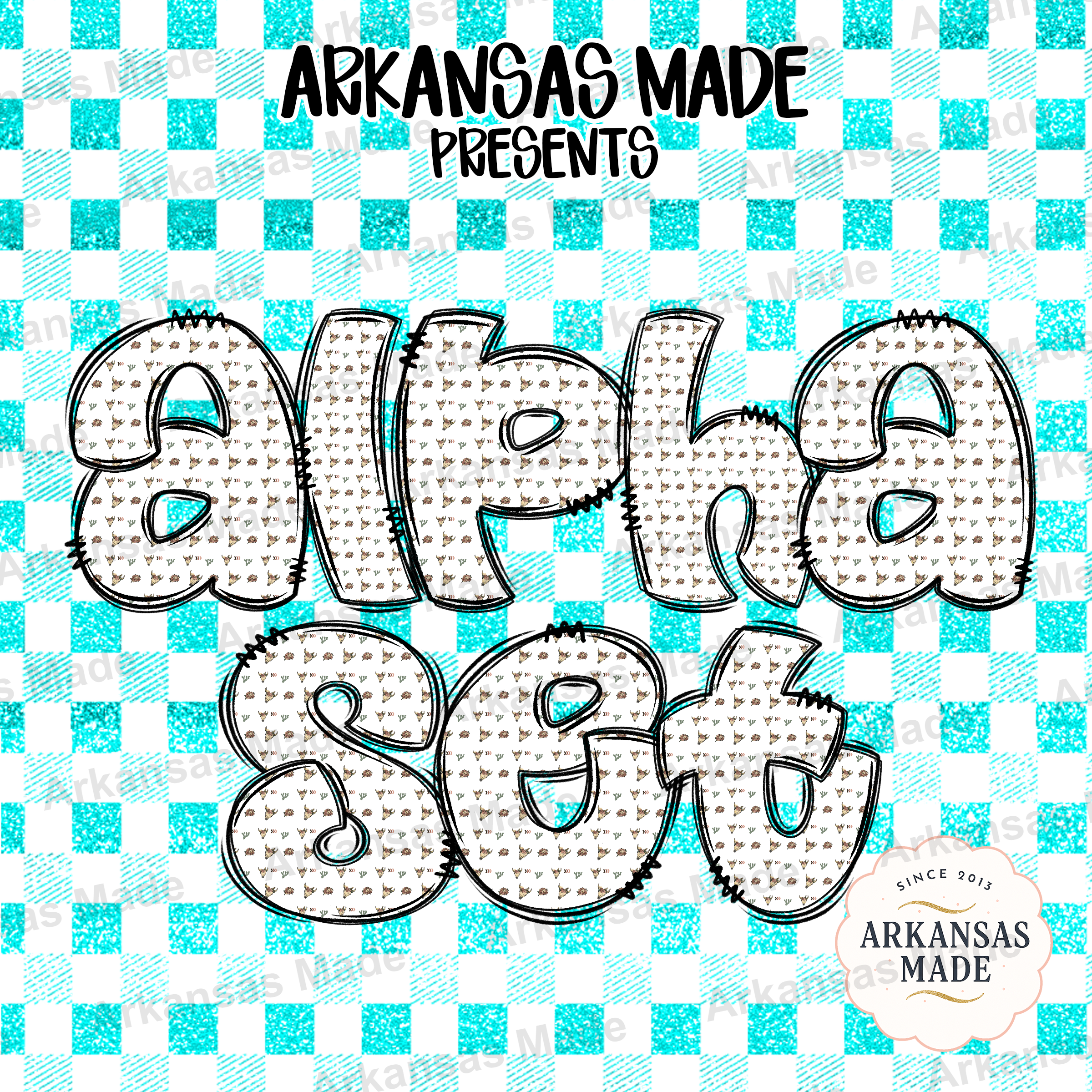 Western Boho Digital Alpha Set, Glitter Gingham Alphabet PNG, Bull Skull Cactus Letters, Distressed Southwestern Craft Font Download