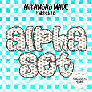 Floral Skull Digital Alpha Set, Western Boho Aqua Gingham Letters with Faux Glitter Effect, PNG Alphabet Design for Sublimation
