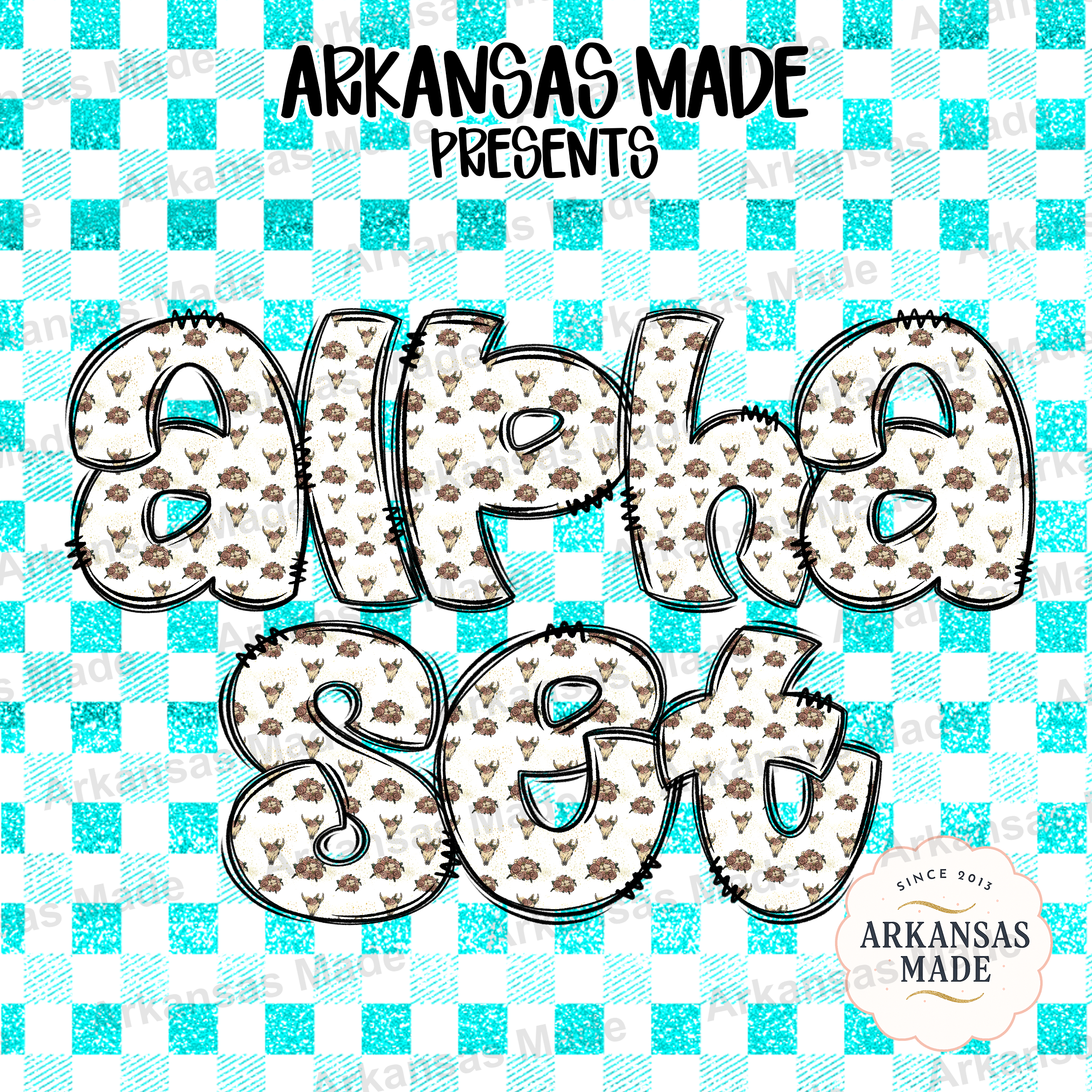 Floral Skull Digital Alpha Set, Western Boho Aqua Gingham Letters with Faux Glitter Effect, PNG Alphabet Design for Sublimation