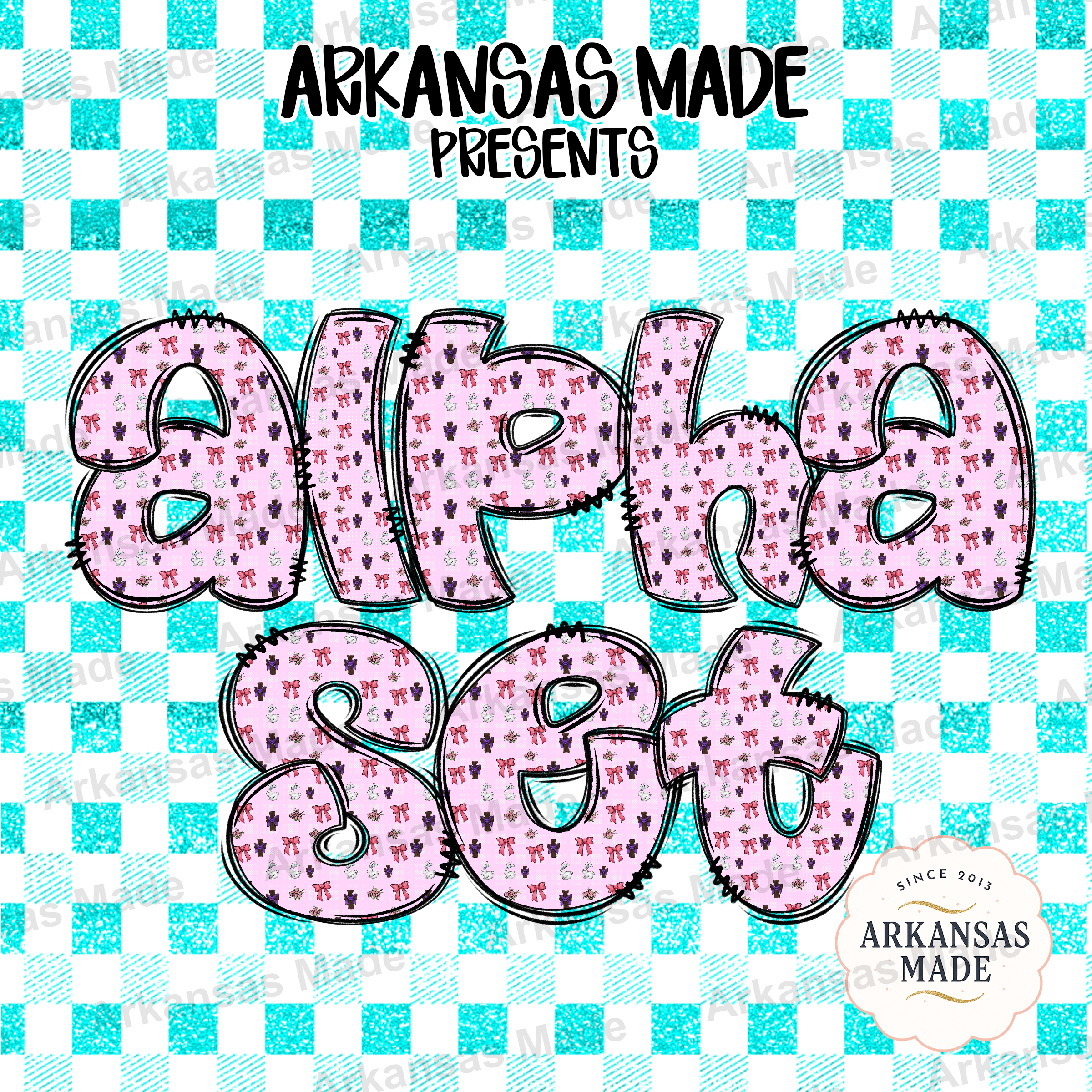 Digital Alpha Set, Easter Bunny Cross Letters, Pink Bow Glitter Teal Gingham Doodle Font, Spring Christian Alphabet PNG Instant Download